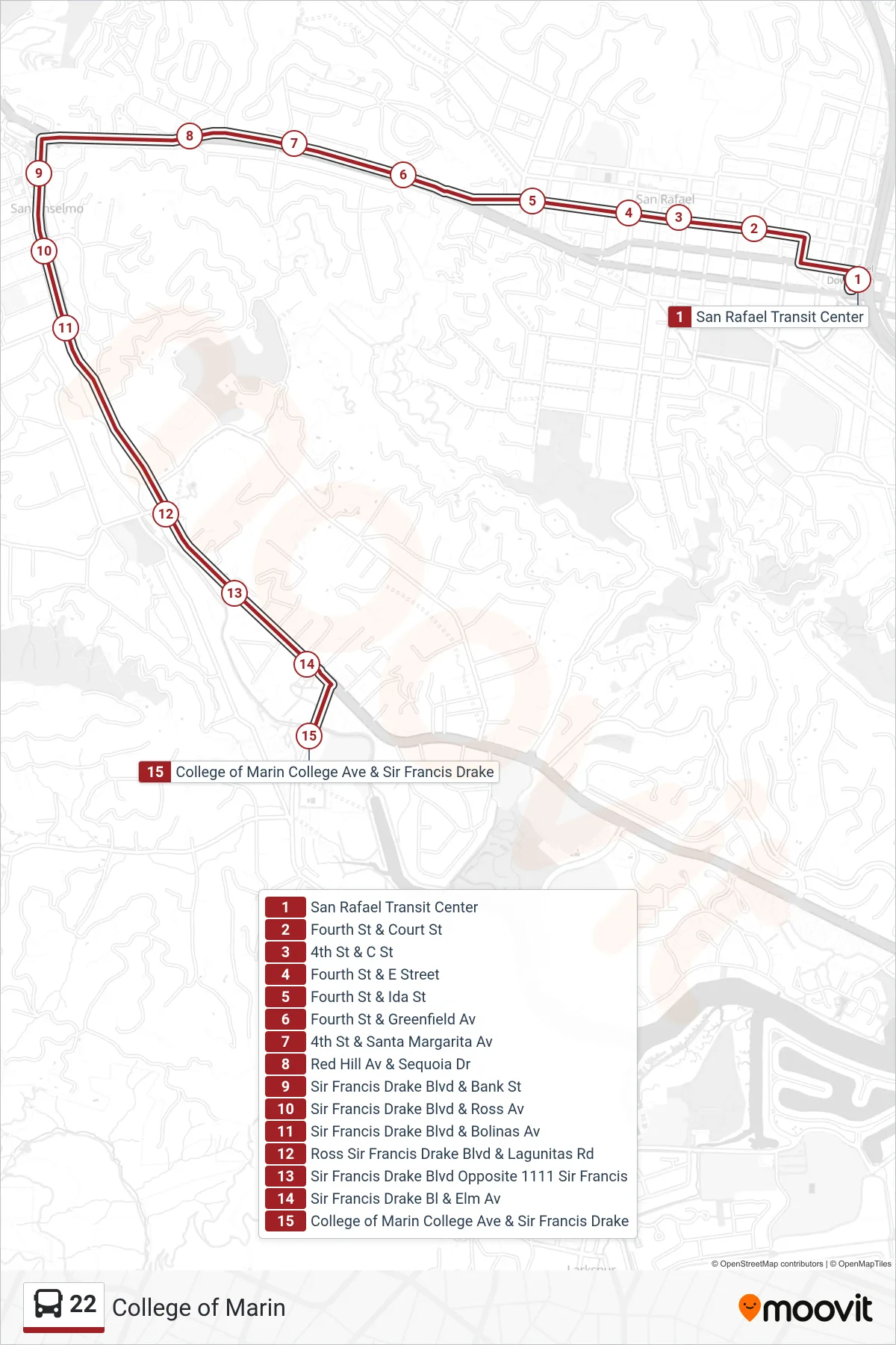 22 bus Line (College of Marin) route and stops on a map