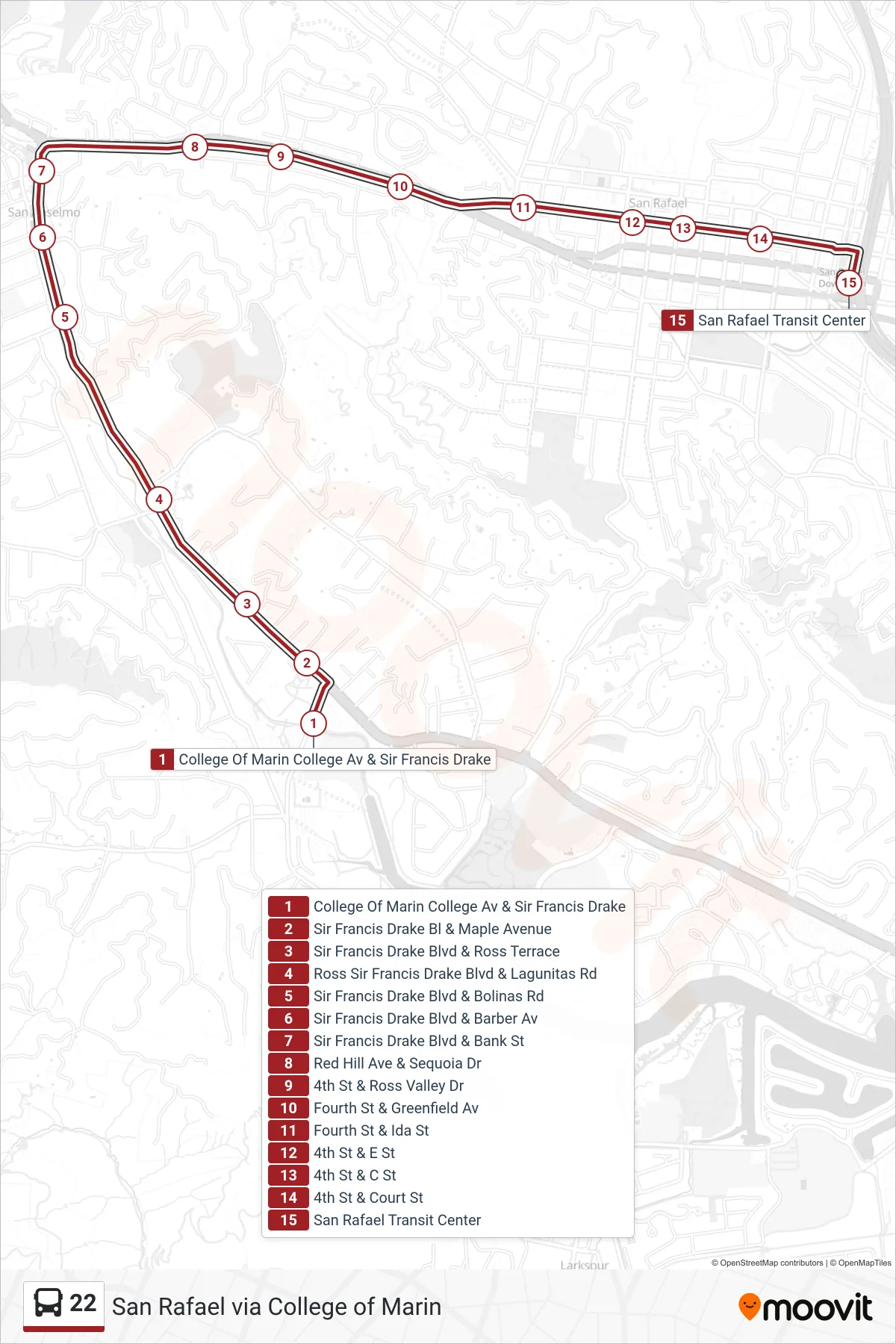 22 bus Line (San Rafael via College of Marin) route and stops on a map