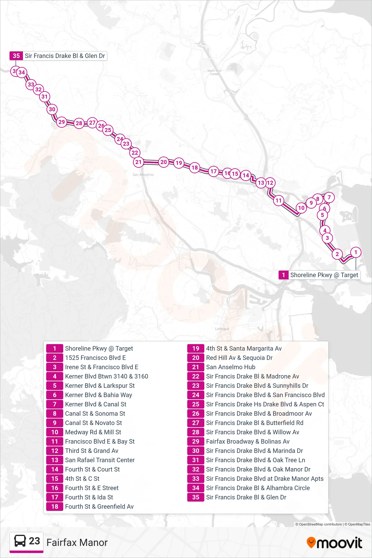 23 bus Line (Fairfax Manor) route and stops on a map