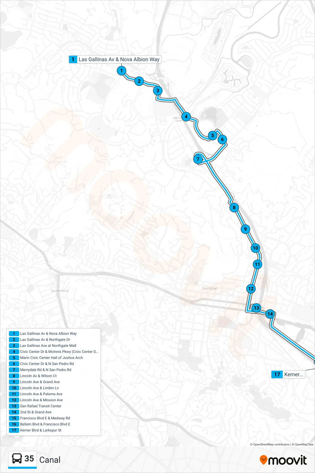 35 bus Line (Canal) route and stops on a map