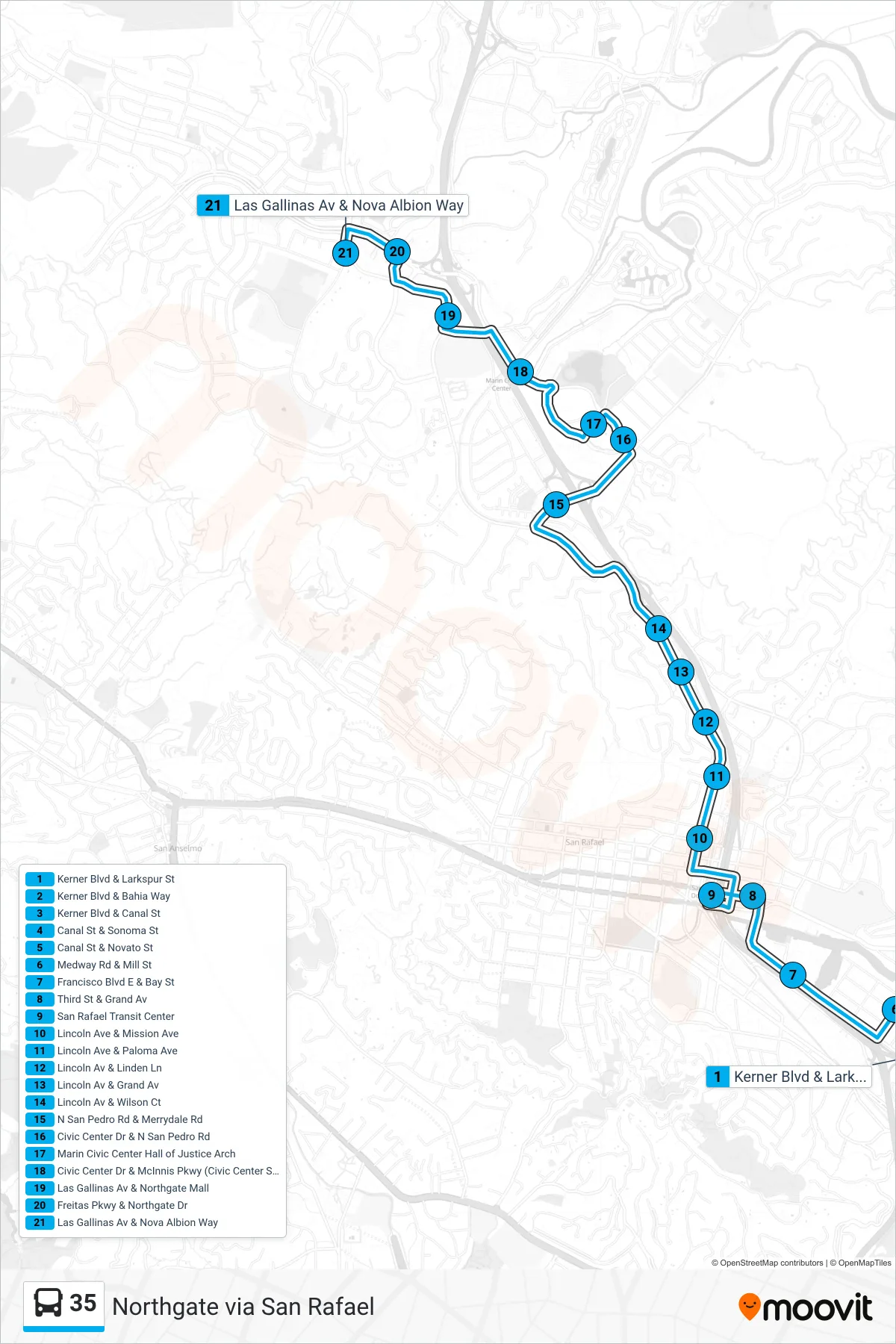 35 bus Line (Northgate via San Rafael) route and stops on a map