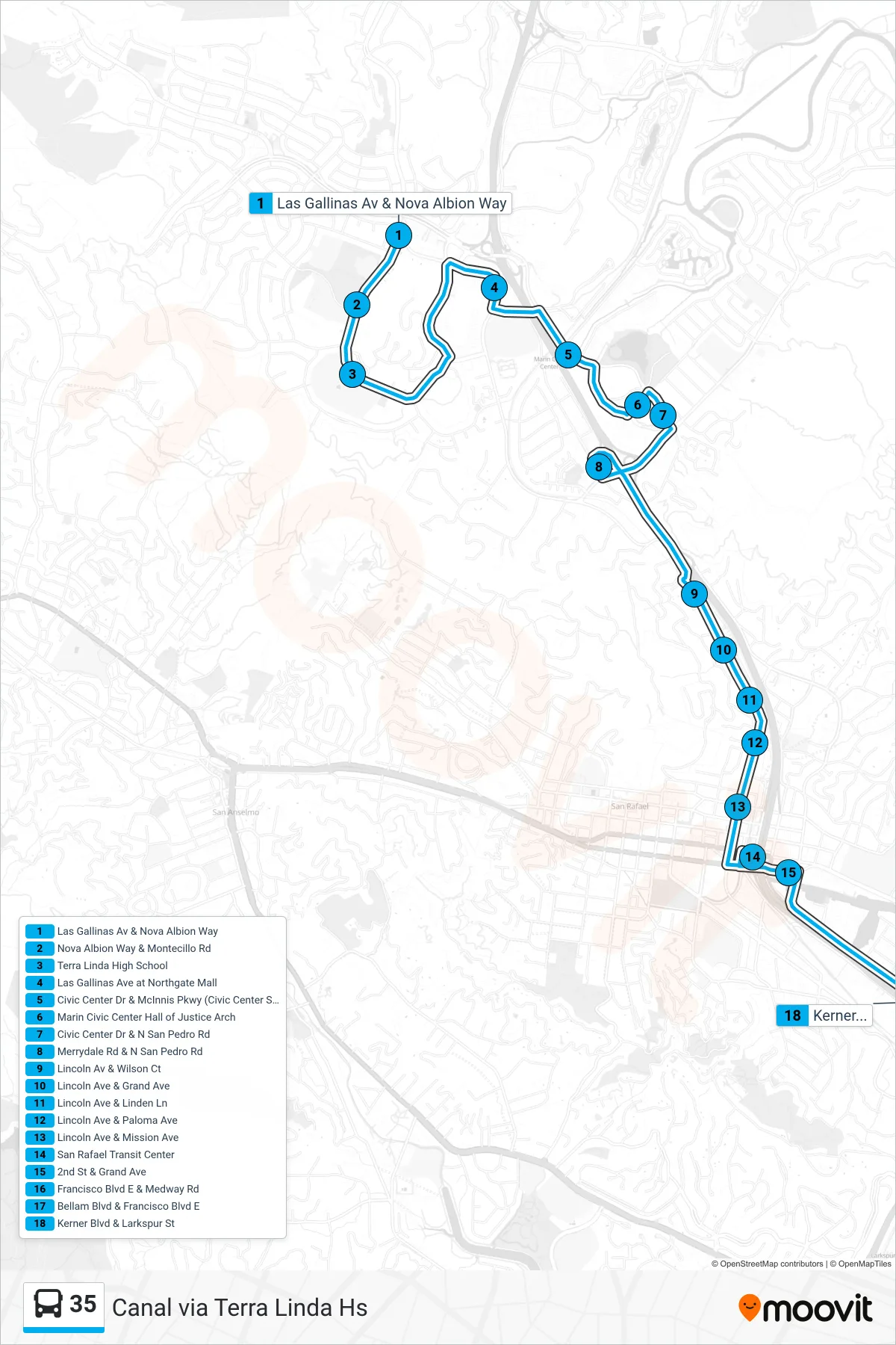35 bus Line (Canal via Terra Linda Hs) route and stops on a map