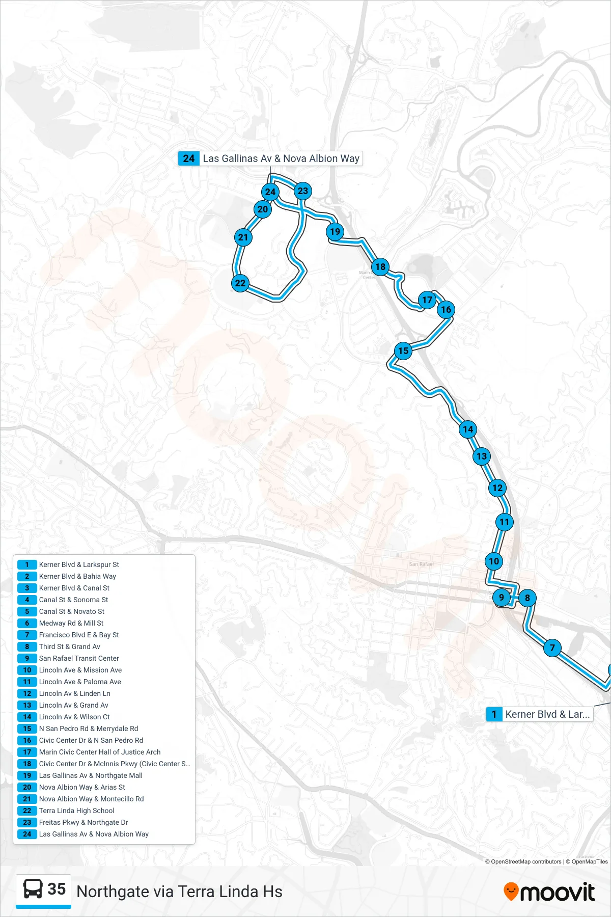 35 bus Line (Northgate via Terra Linda Hs) route and stops on a map