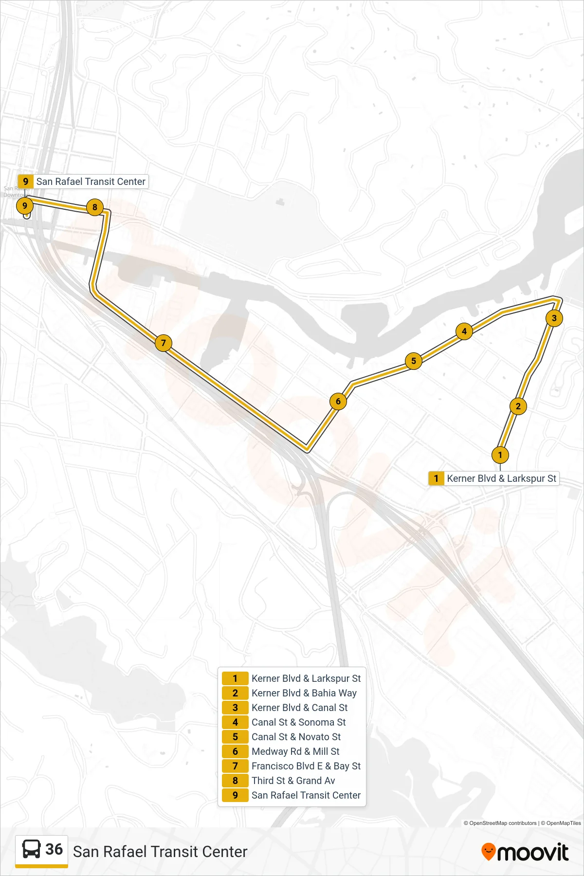36 bus Line (San Rafael Transit Center) route and stops on a map