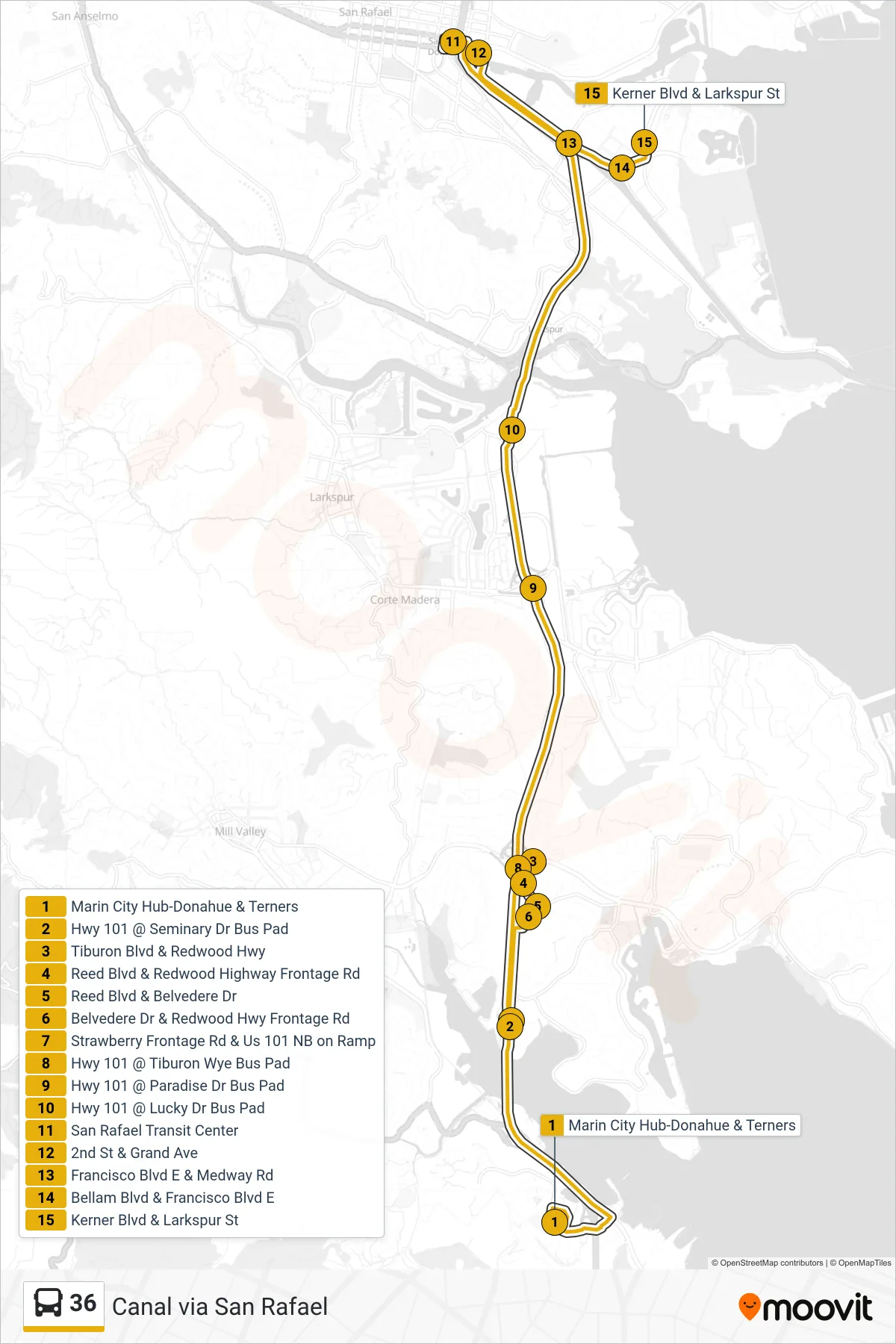 36 bus Line (Canal via San Rafael) route and stops on a map