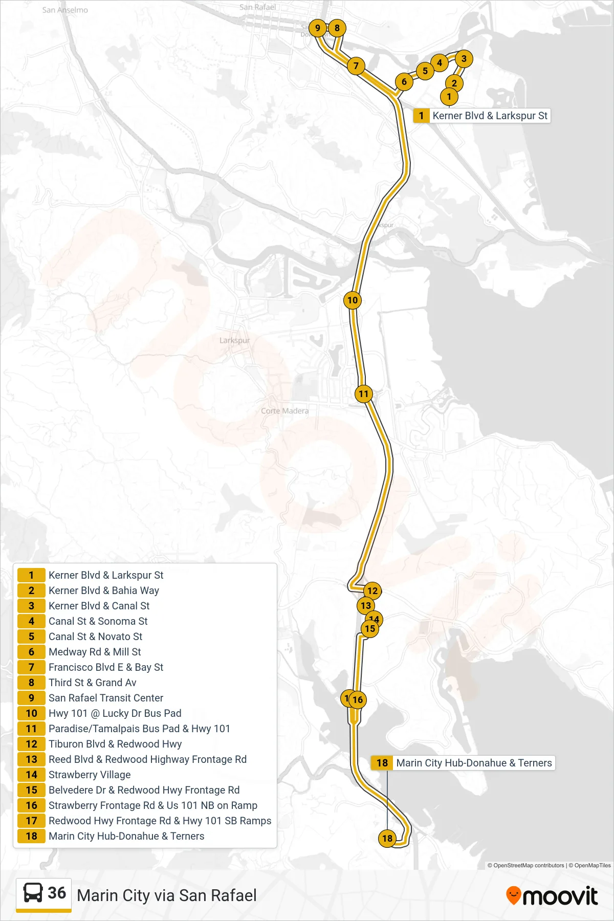 36 bus Line (Marin City via San Rafael) route and stops on a map