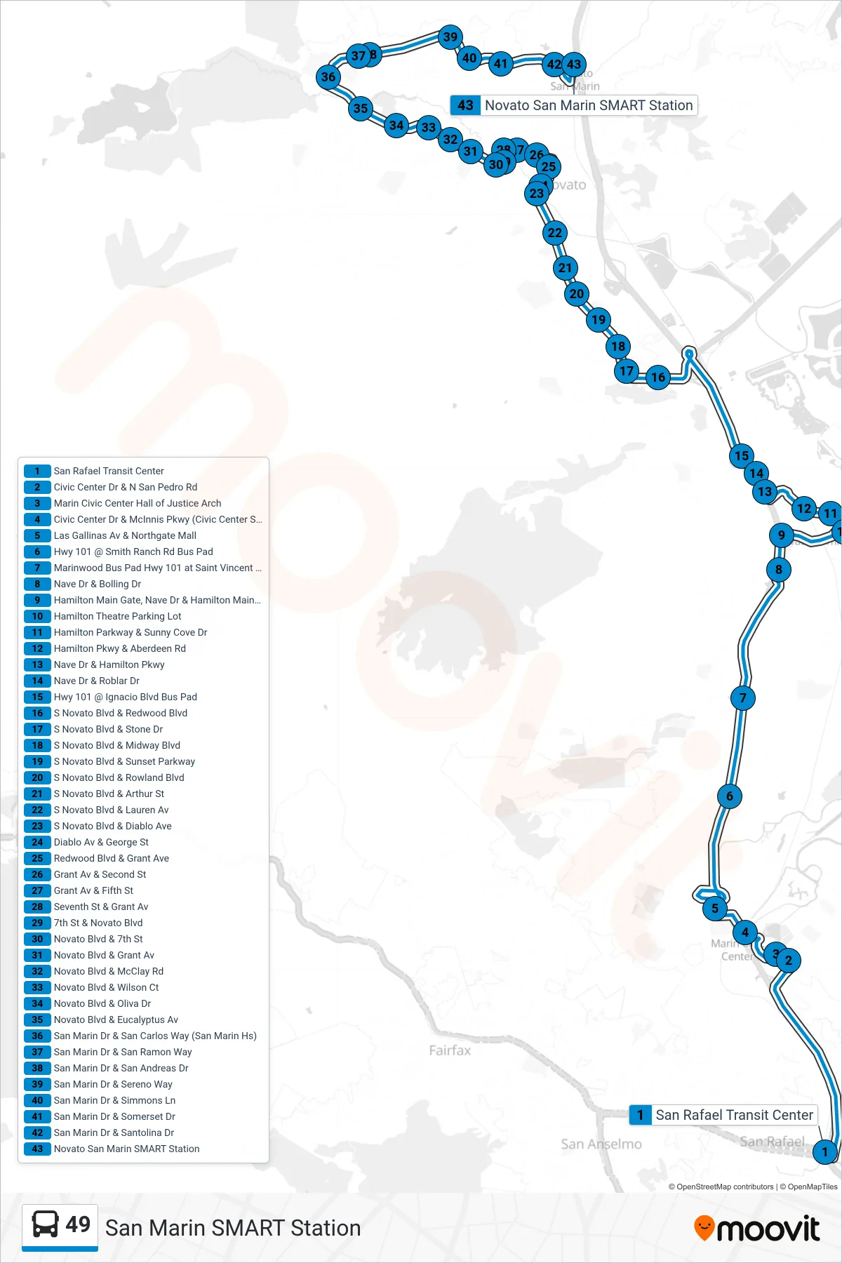 49 bus Line (San Marin SMART Station) route and stops on a map