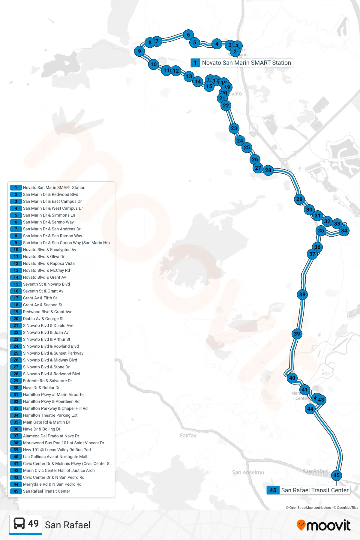 49 bus Line (San Rafael) route and stops on a map