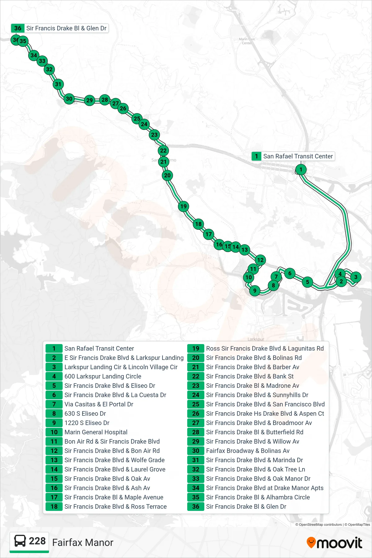 228 bus Line (Fairfax Manor) route and stops on a map