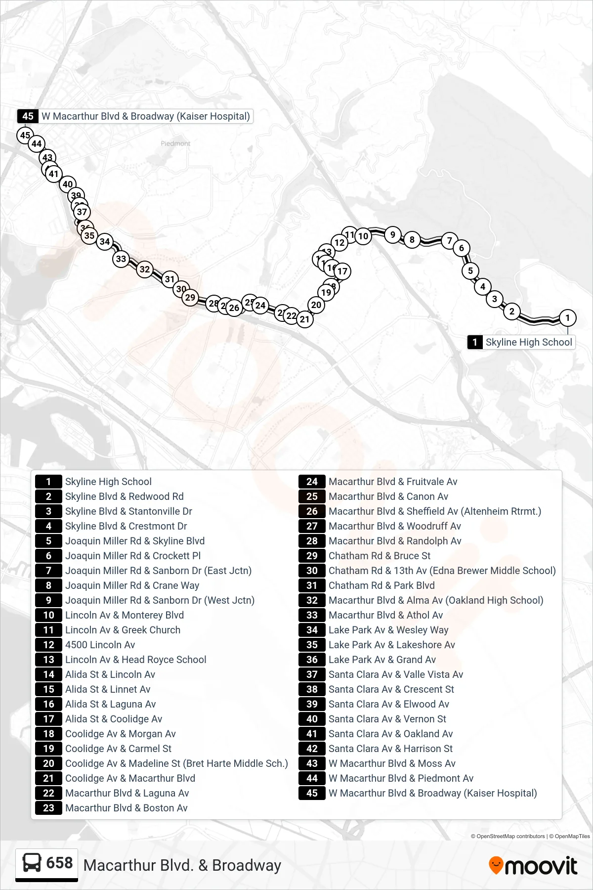 658 bus Line (Macarthur Blvd. & Broadway) route and stops on a map