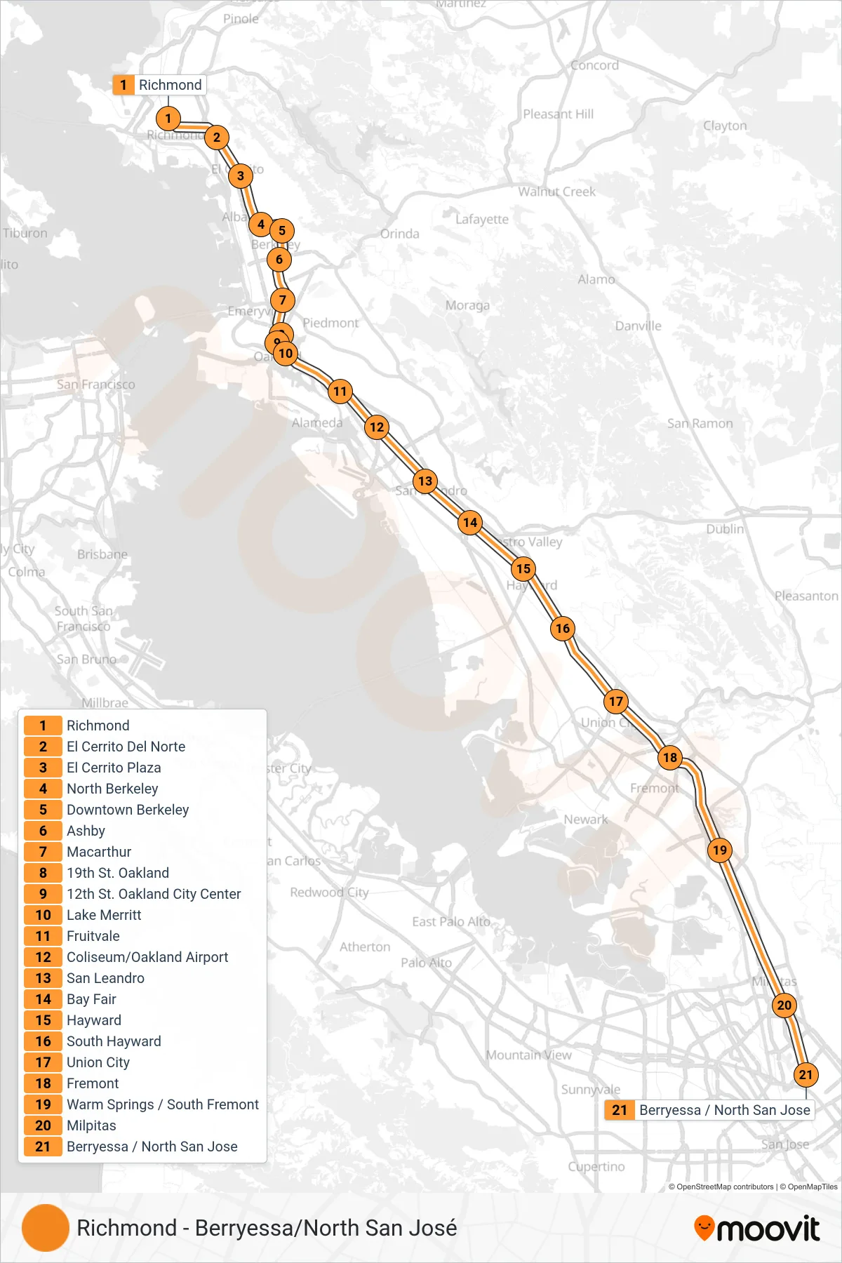 ORANGE subway Line (Berryessa/North San Jose) route and stops on a map