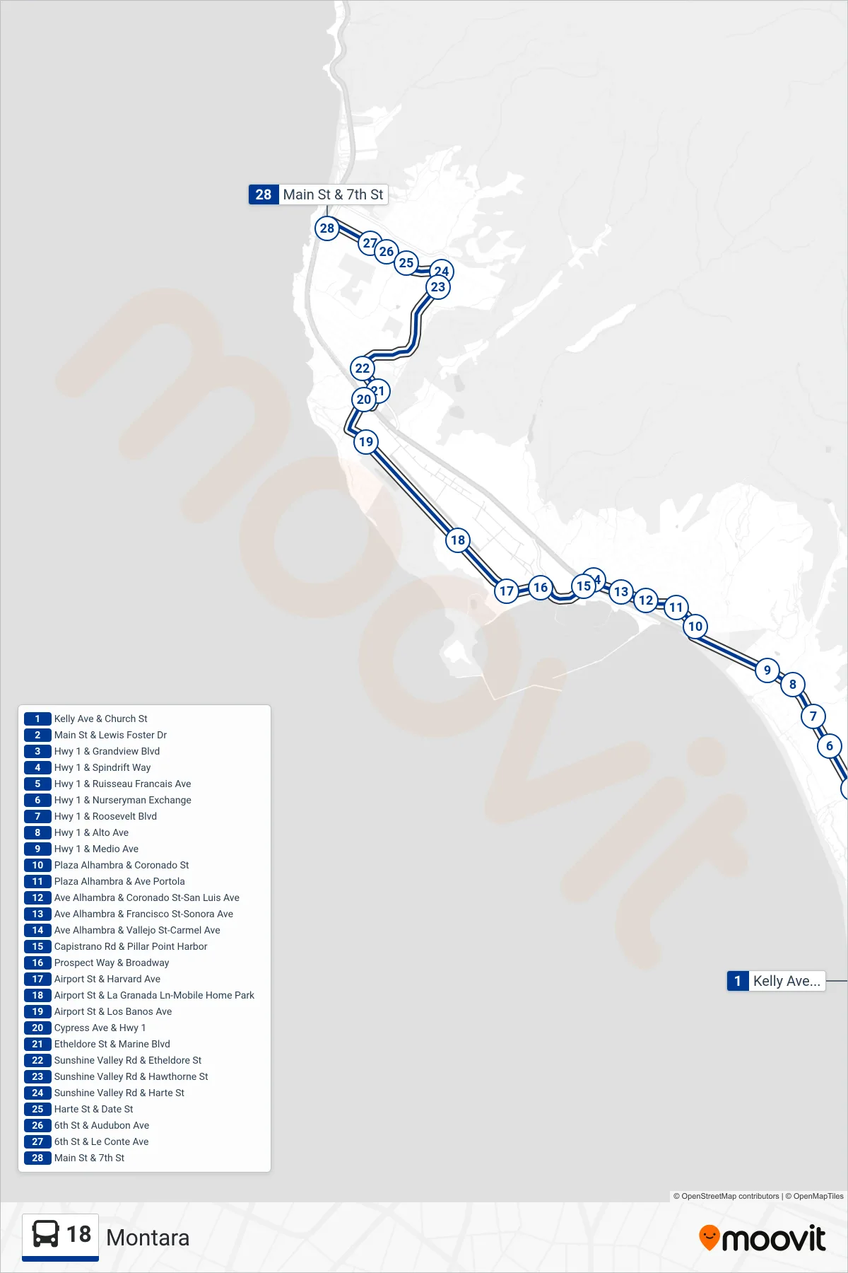 18 bus Line (Montara) route and stops on a map