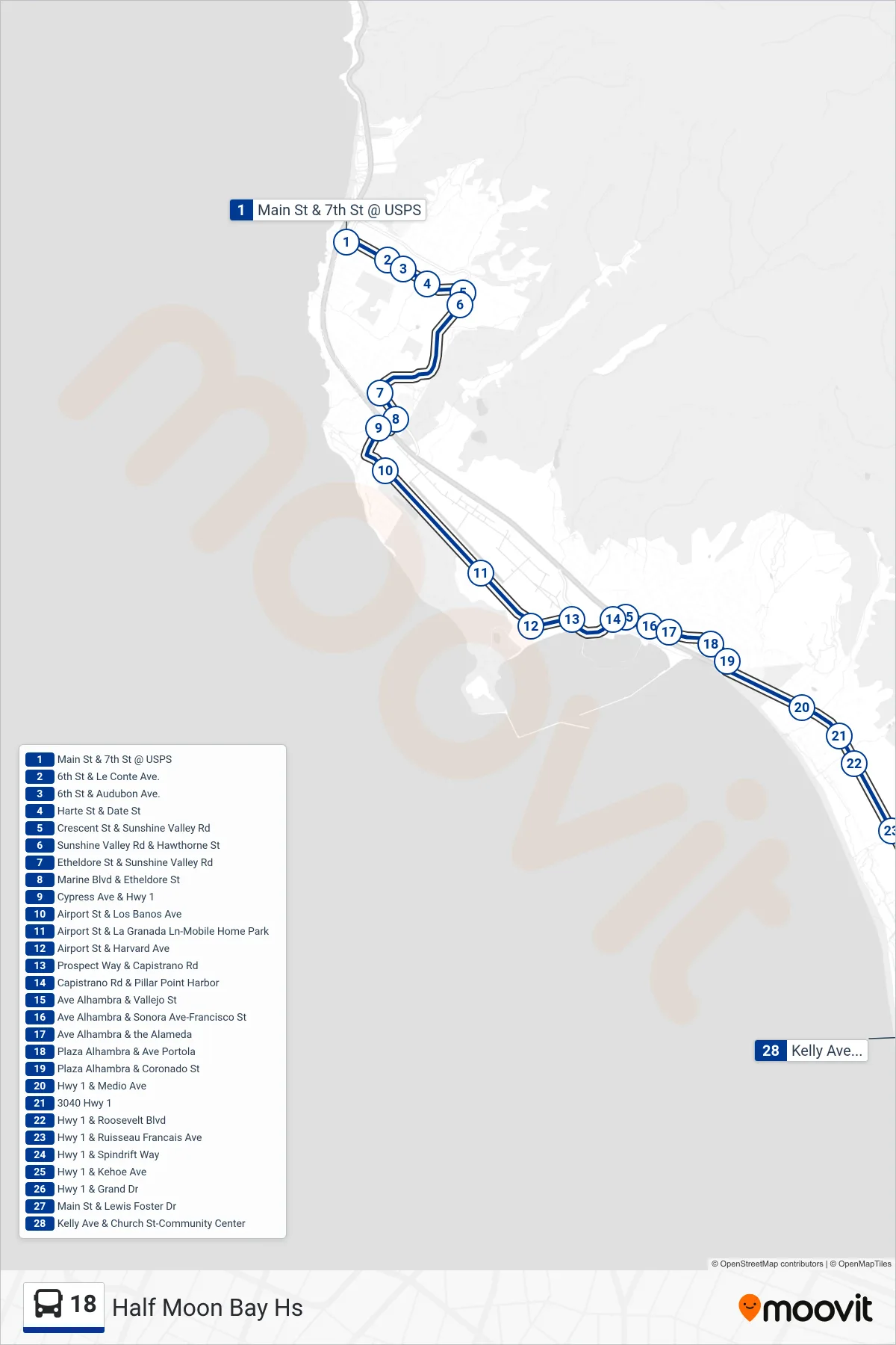 18 bus Line (Half Moon Bay Hs) route and stops on a map