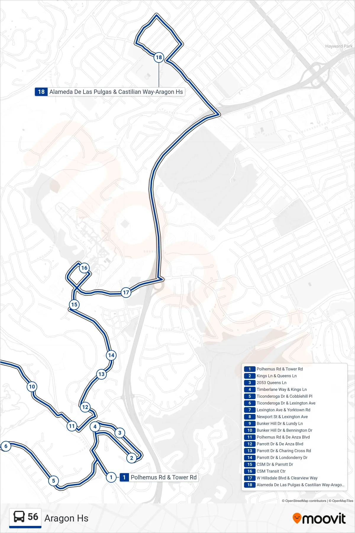 56 bus Line (Aragon Hs) route and stops on a map
