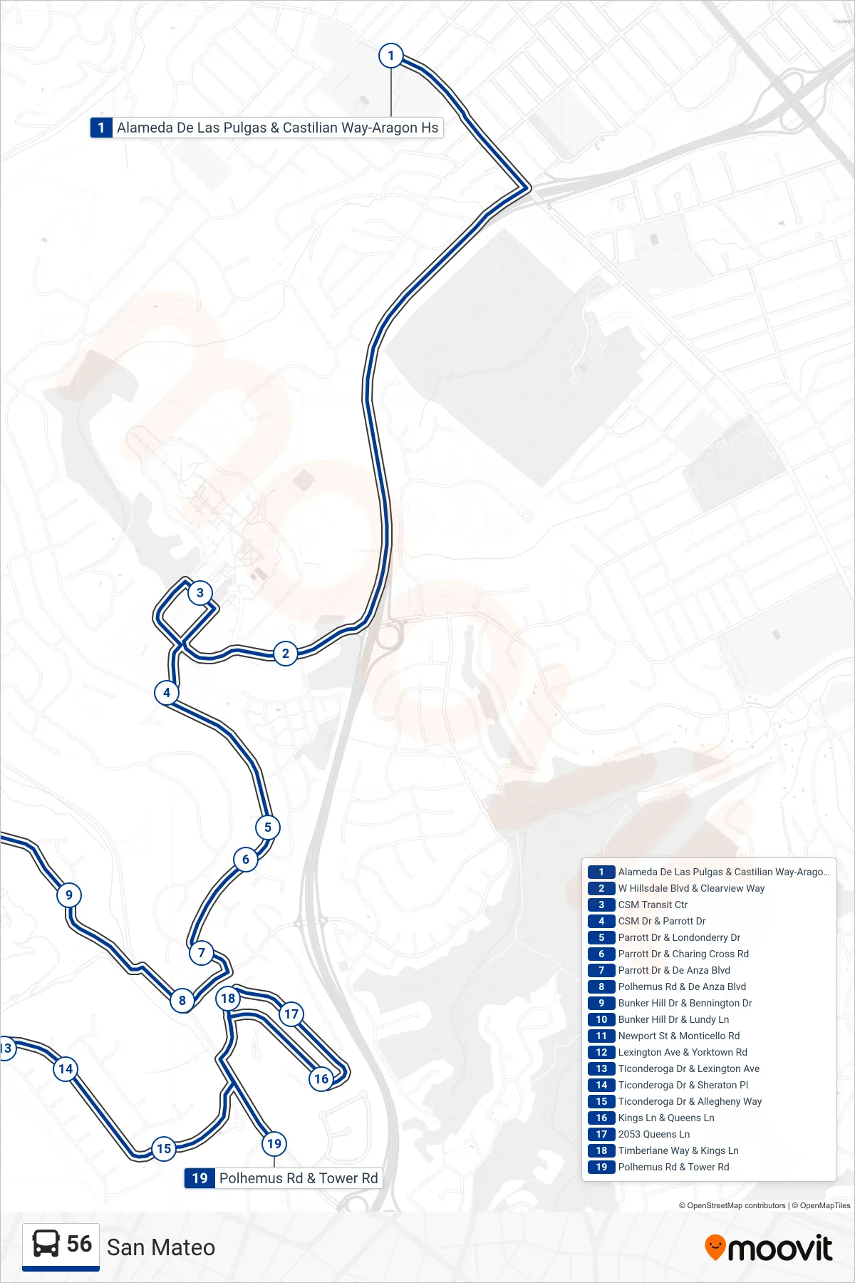 56 bus Line (San Mateo) route and stops on a map
