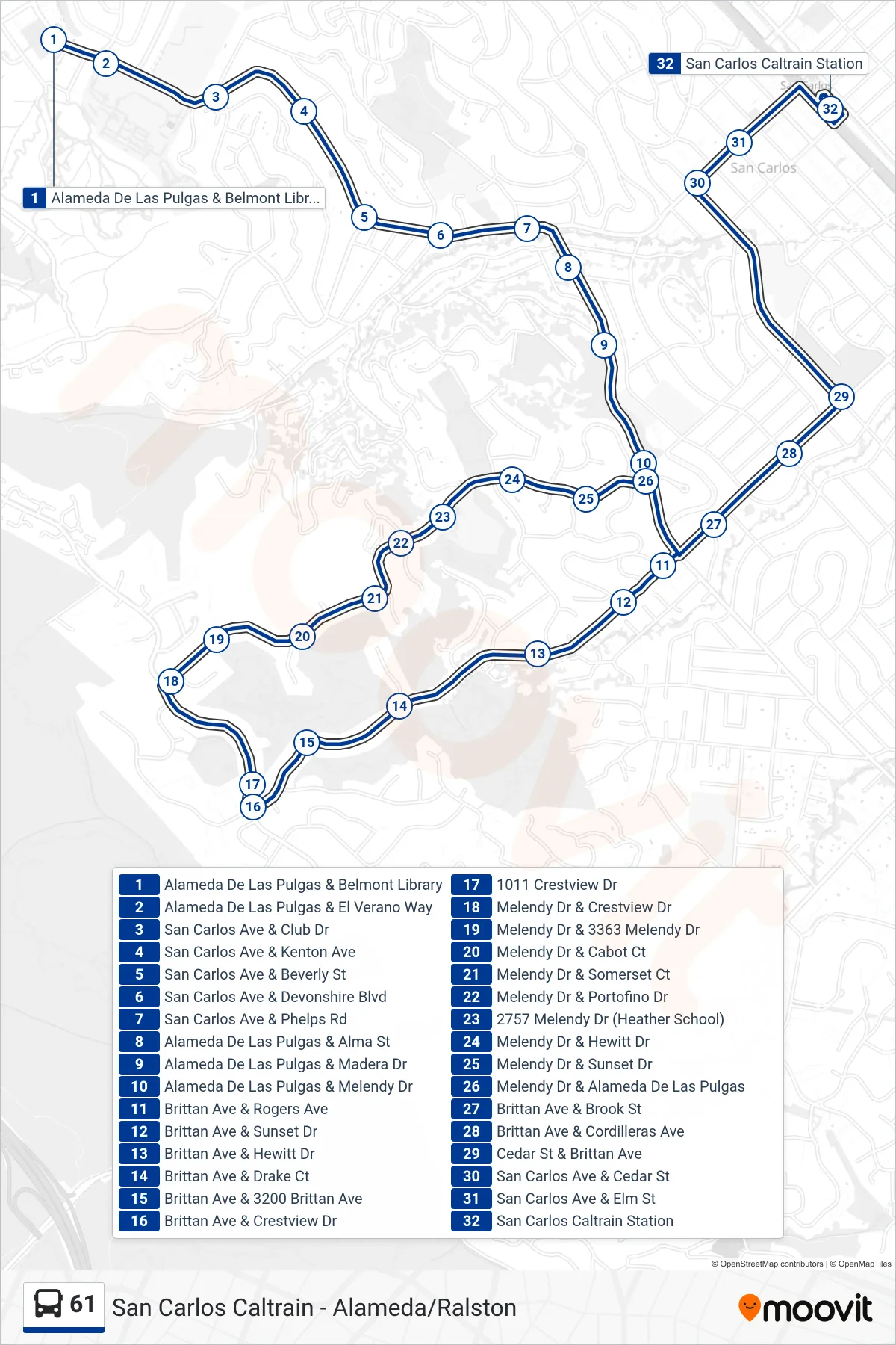 61 bus Line (San Carlos Caltrain) route and stops on a map