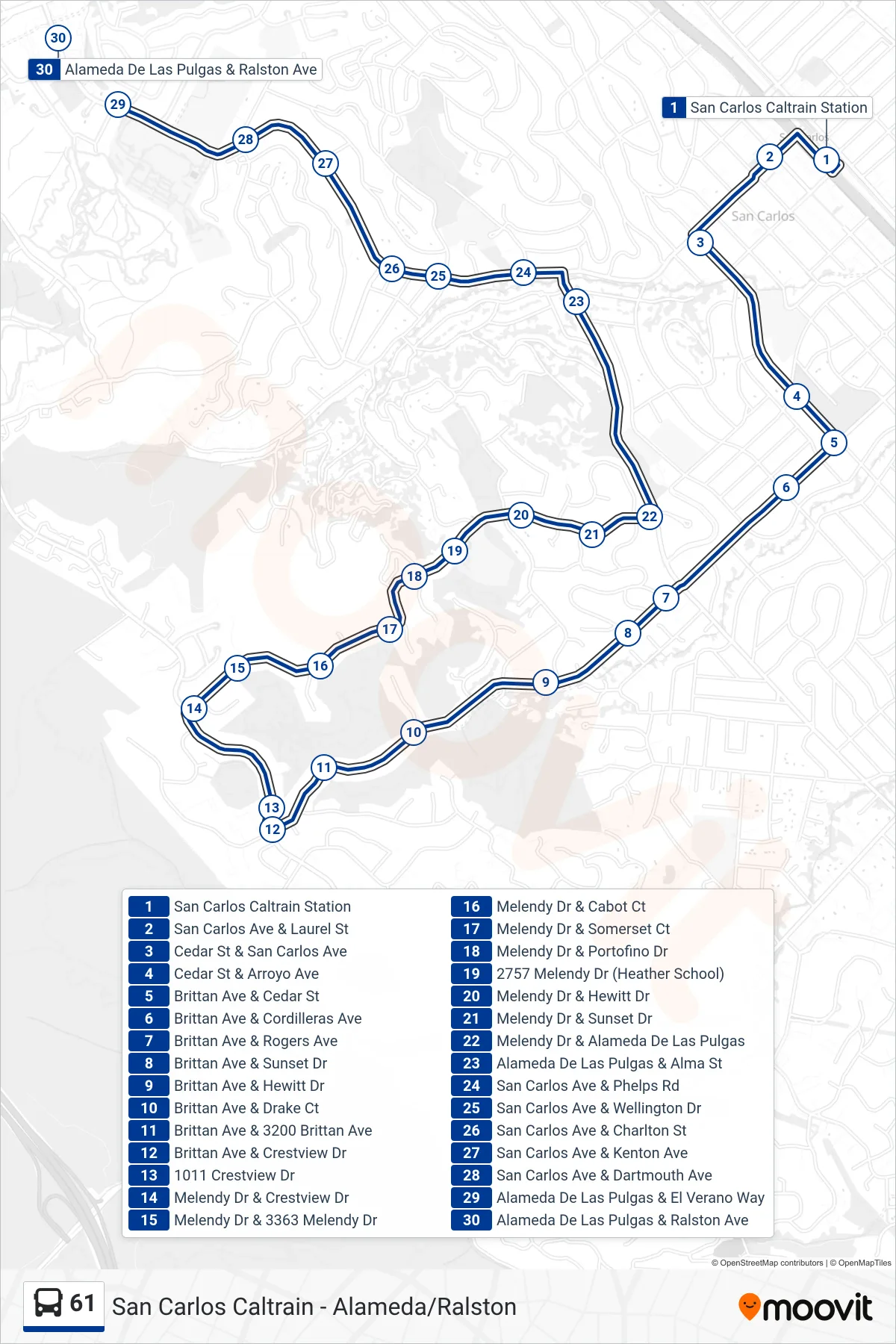 61 bus Line (Carlmont Hs) route and stops on a map