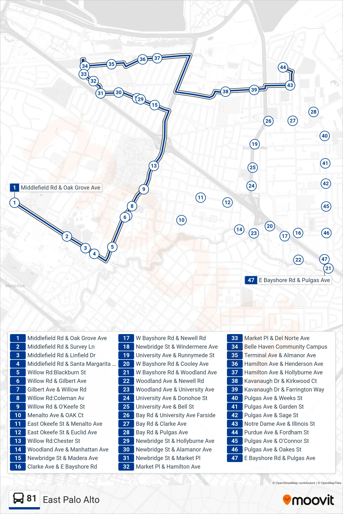 81 bus Line (East Palo Alto) route and stops on a map