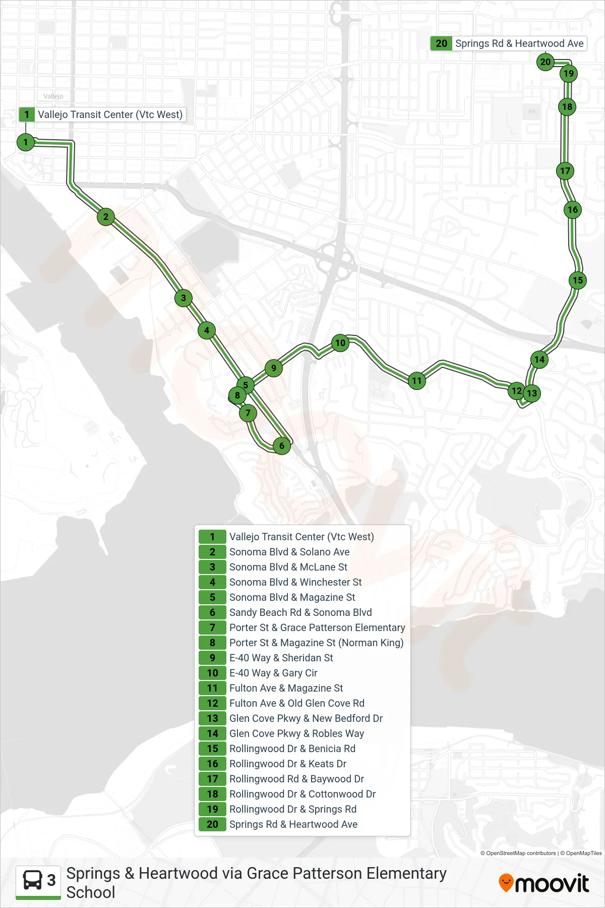 3 bus Line (Springs & Heartwood via Grace Patterson Elementary School) route and stops on a map