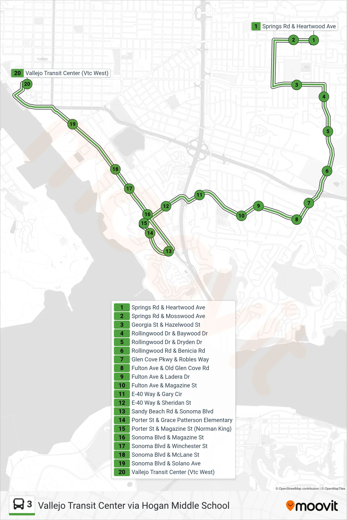3 bus Line (Vallejo Transit Center via Hogan Middle School) route and stops on a map