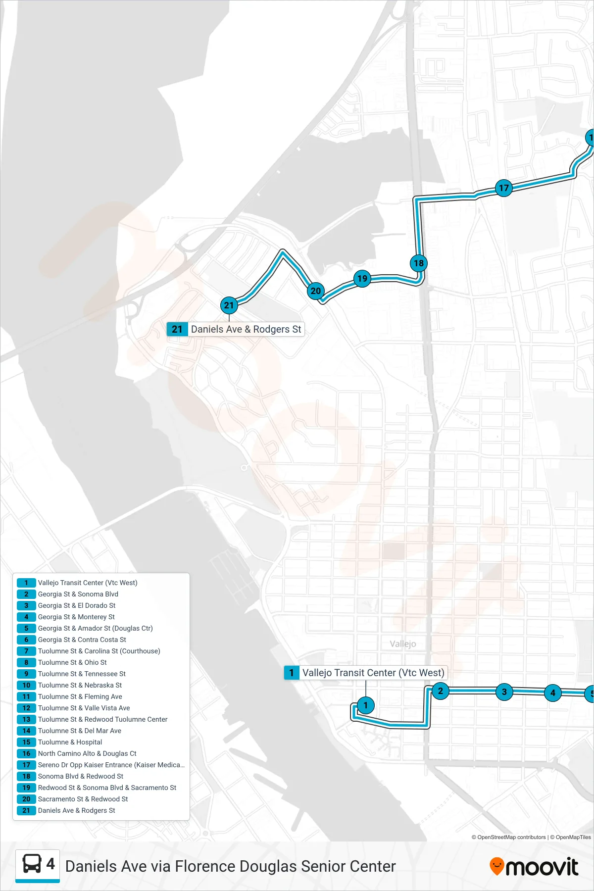 4 bus Line (Daniels Ave via Florence Douglas Senior Center) route and stops on a map