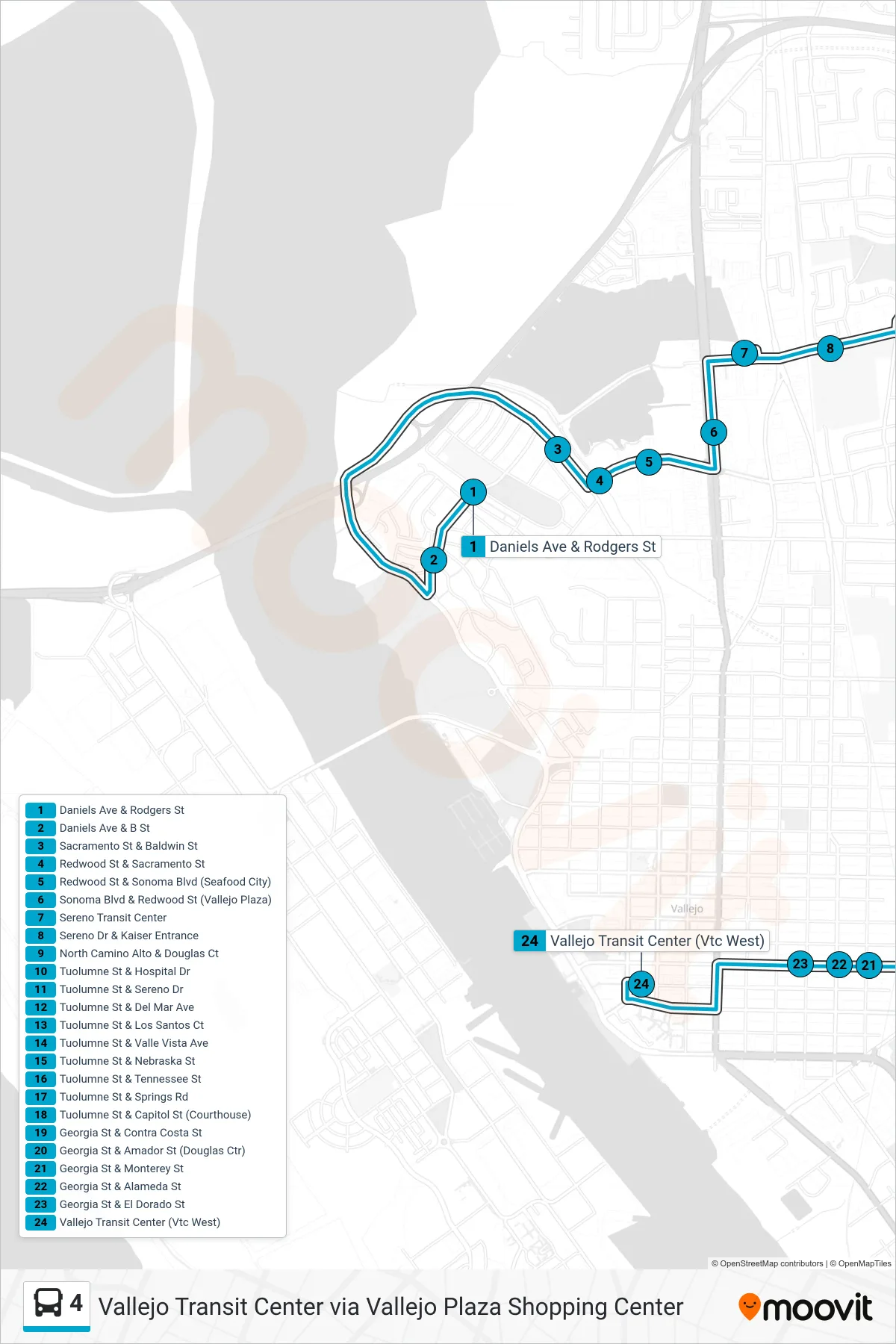 4 bus Line (Vallejo Transit Center via Vallejo Plaza Shopping Center) route and stops on a map