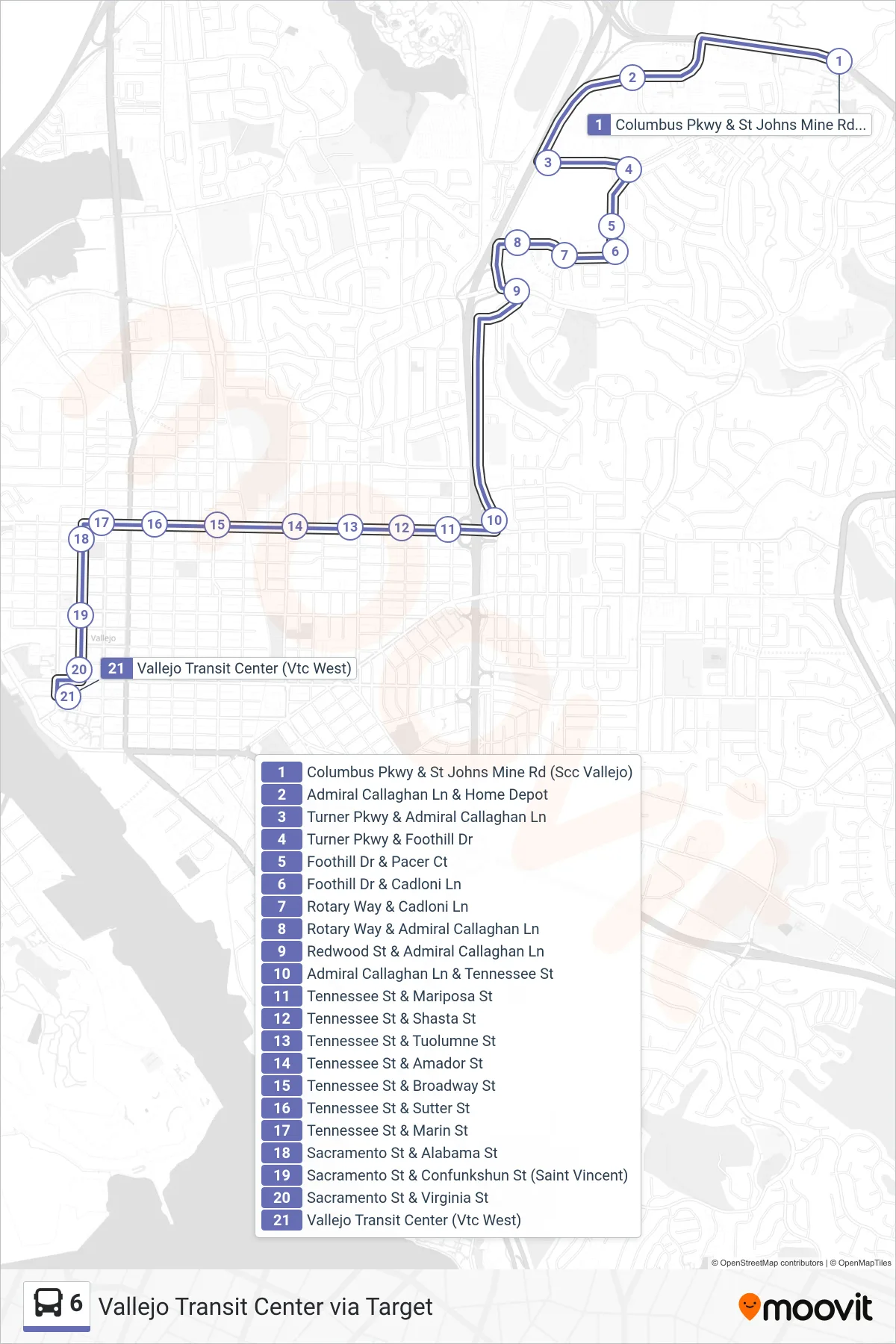 6 bus Line (Vallejo Transit Center via Target) route and stops on a map