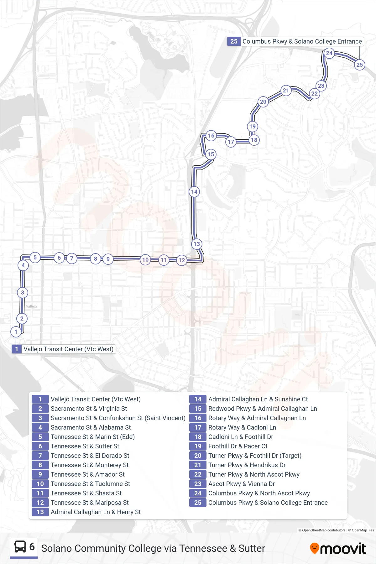 6 bus Line (Solano Community College via Tennessee & Sutter) route and stops on a map