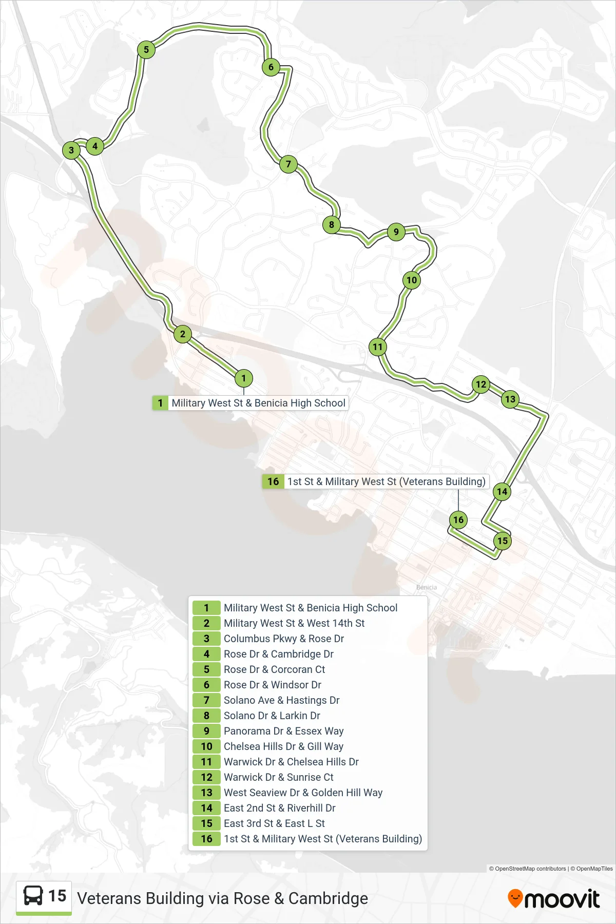 15 bus Line (Veterans Building via Rose & Cambridge) route and stops on a map