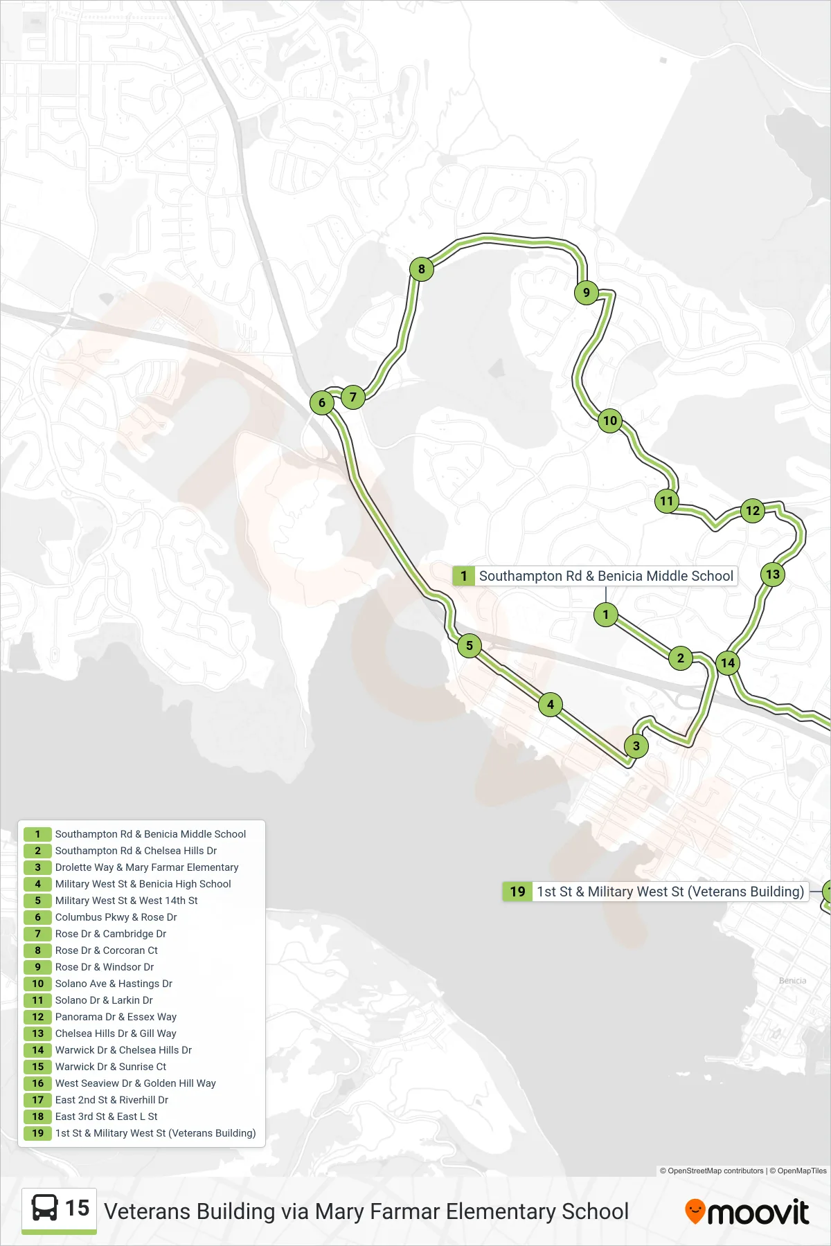 15 bus Line (Veterans Building via Mary Farmar Elementary School) route and stops on a map