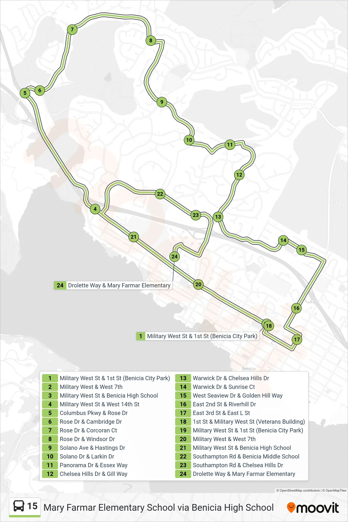 15 bus Line (Mary Farmar Elementary School via Benicia High School) route and stops on a map