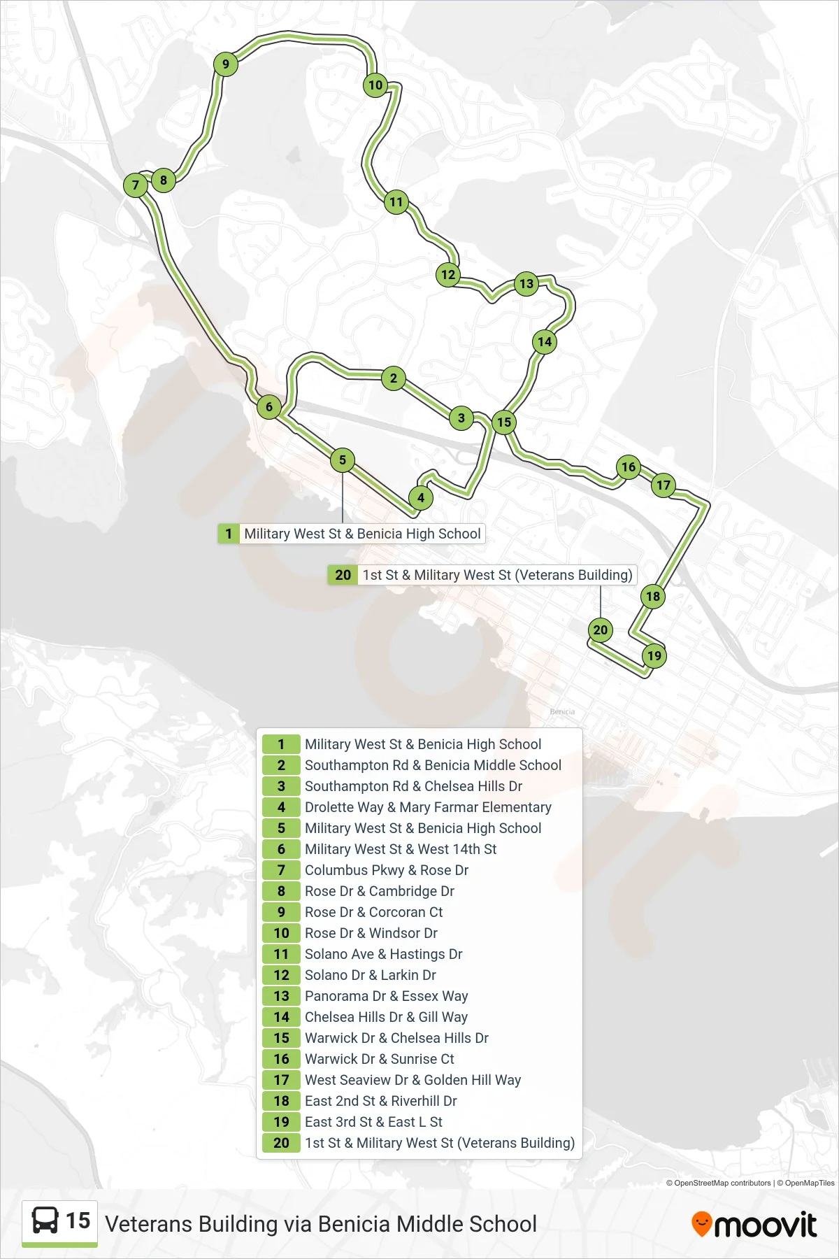 15 bus Line (Veterans Building via Benicia Middle School) route and stops on a map