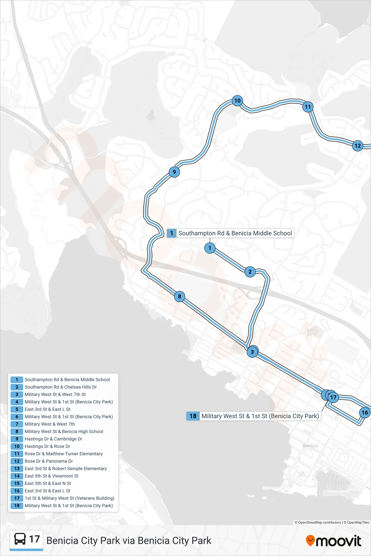 17 bus Line (Benicia City Park via Benicia City Park) route and stops on a map