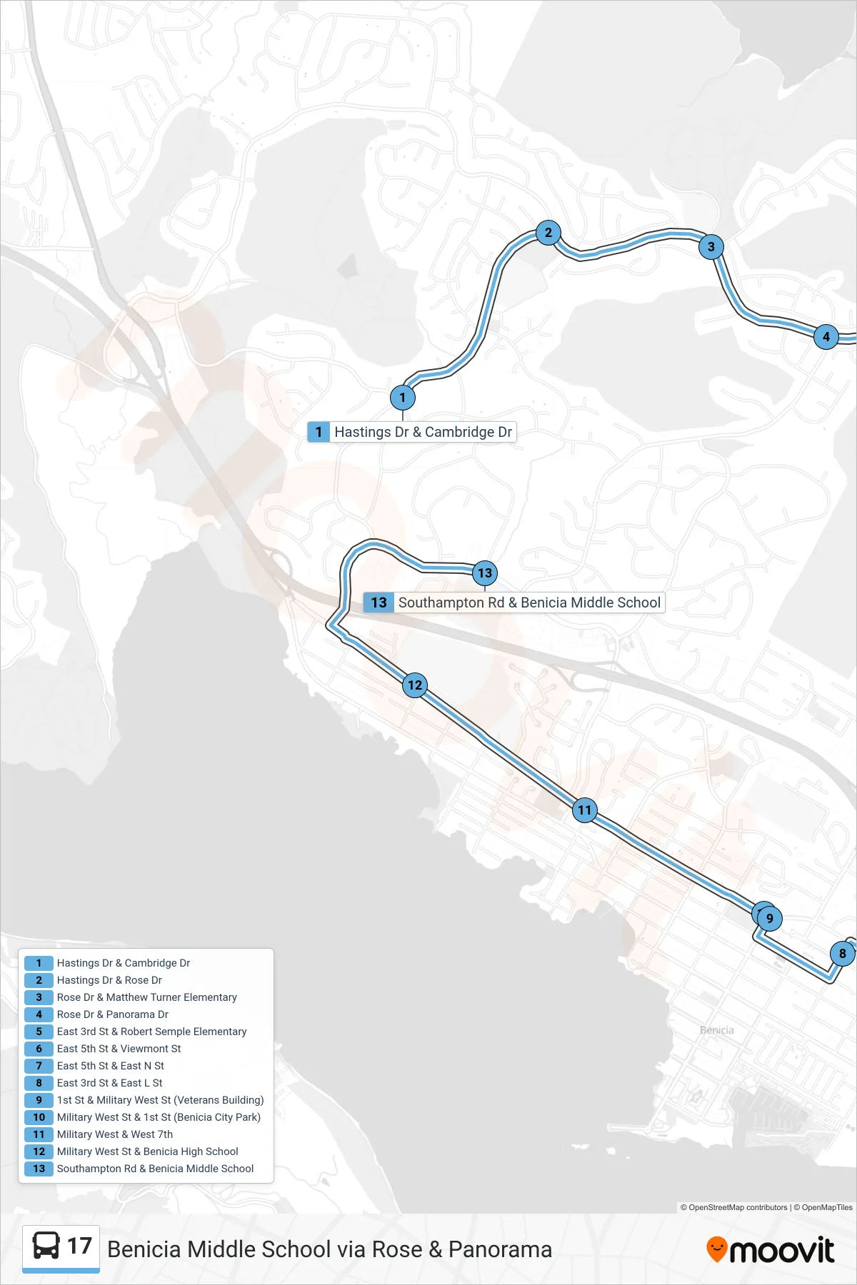 17 bus Line (Benicia Middle School via Rose & Panorama) route and stops on a map