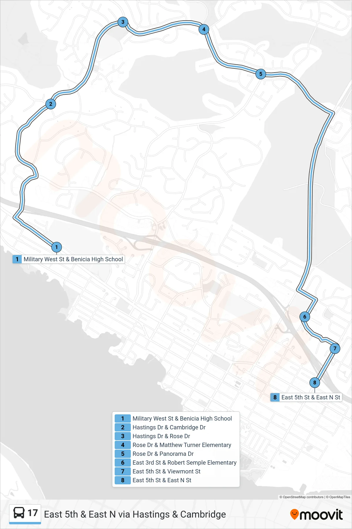 17 bus Line (East 5th & East N via Hastings & Cambridge) route and stops on a map
