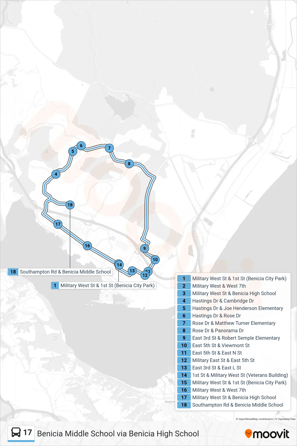 17 bus Line (Benicia Middle School via Benicia High School) route and stops on a map
