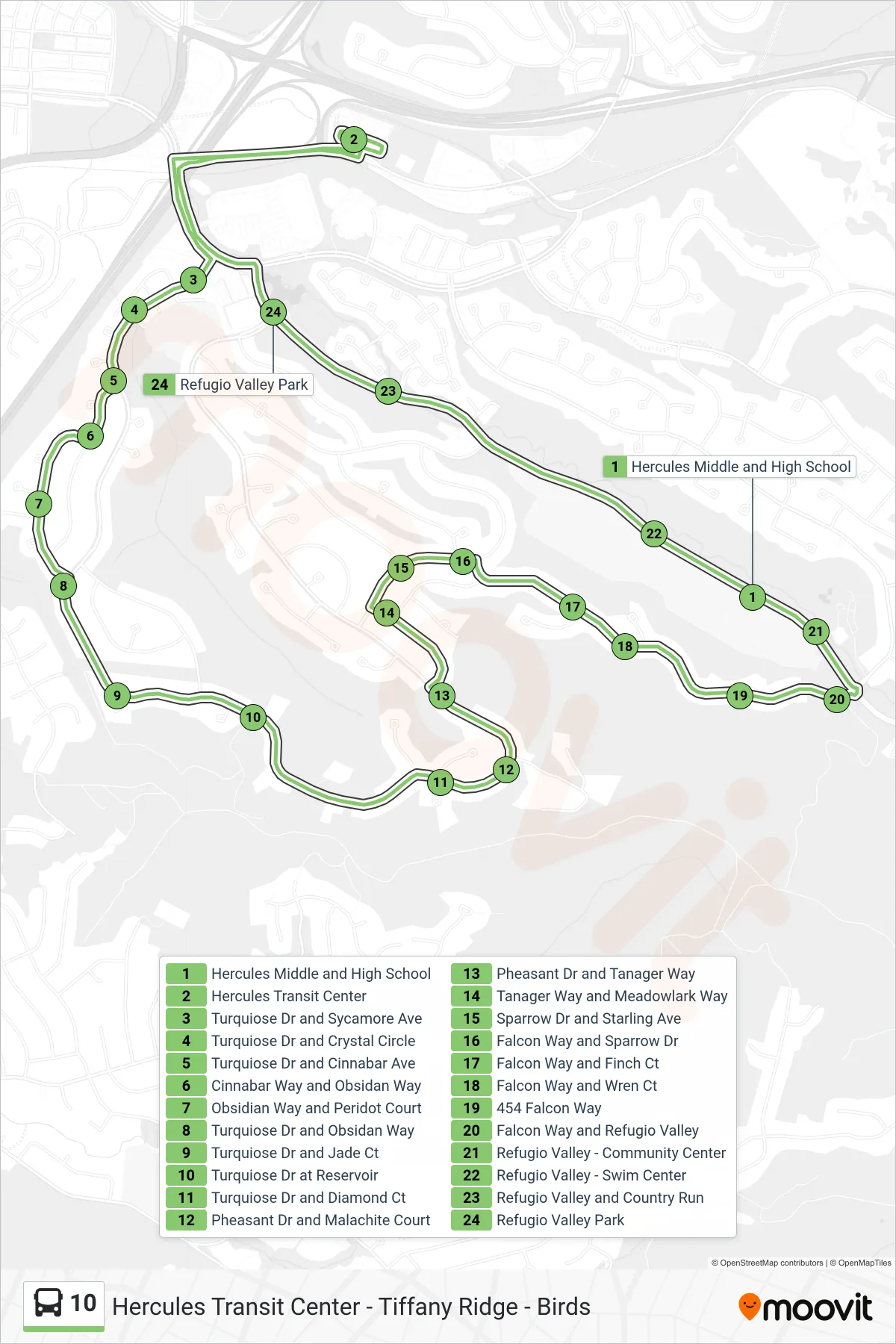 10 bus Line (Loop Route) route and stops on a map
