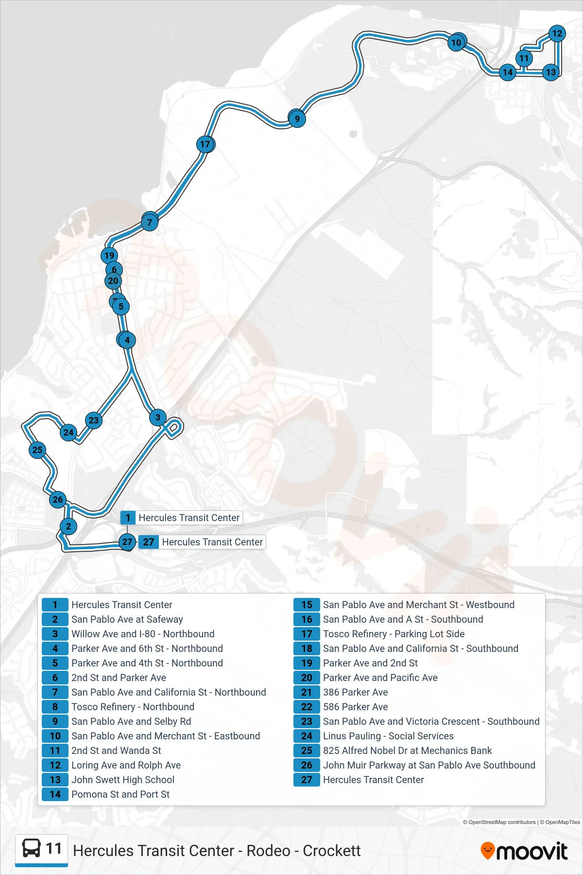 11 bus Line (Loop Route) route and stops on a map