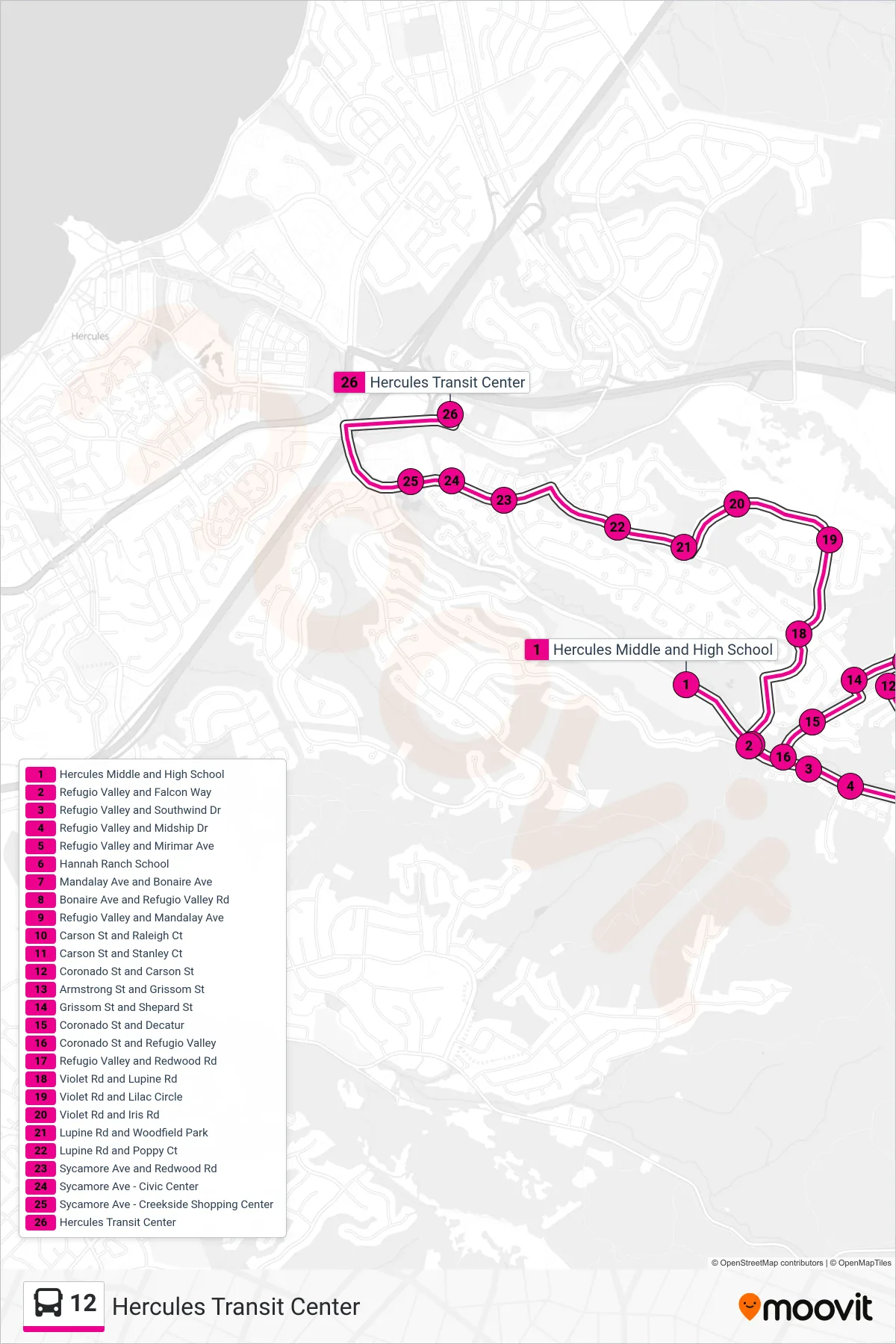 12 bus Line (Hercules Transit Center) route and stops on a map