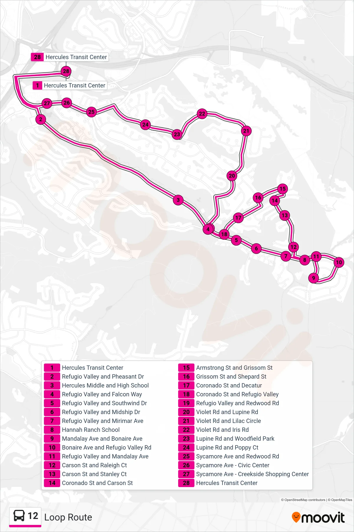 12 bus Line (Loop Route) route and stops on a map