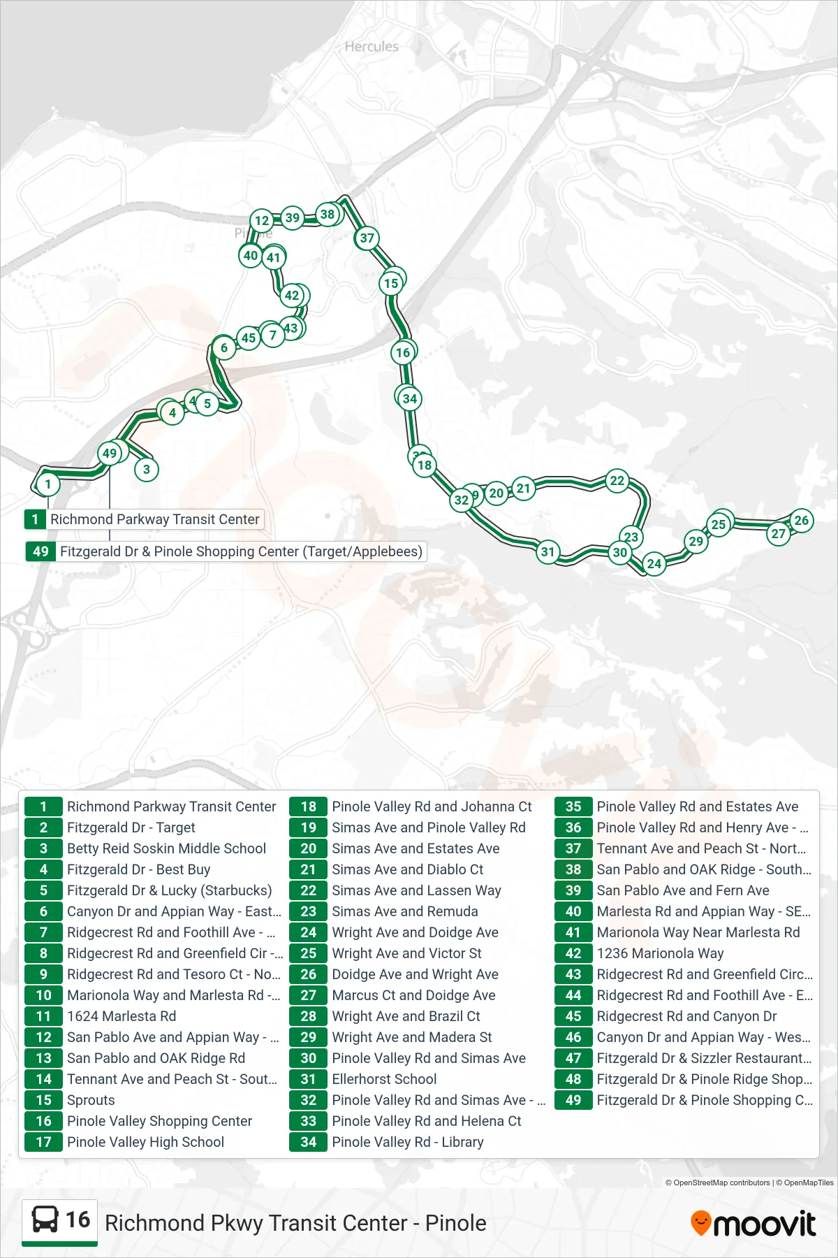 16 bus Line (Loop Route) route and stops on a map