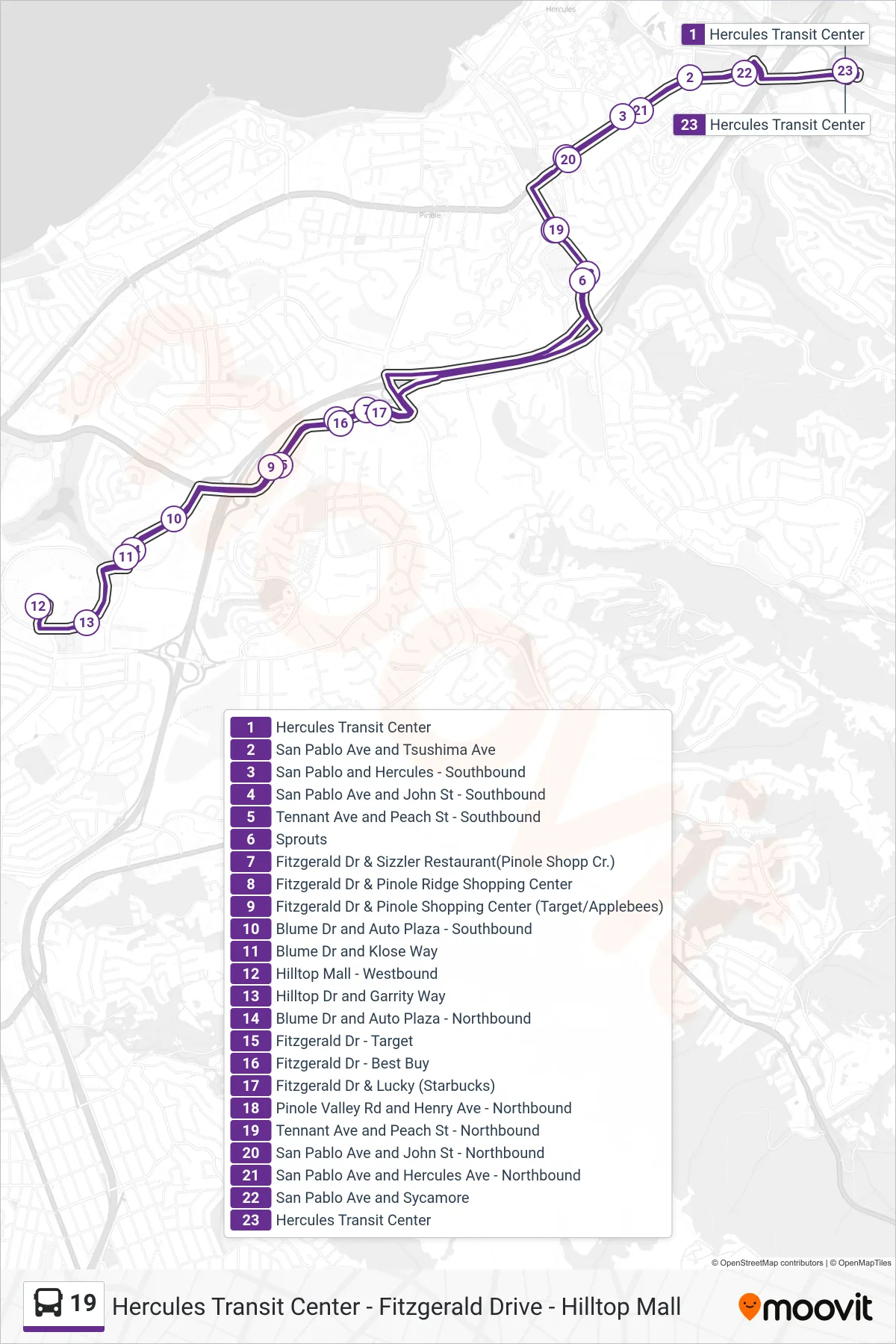 19 bus Line (Loop Route) route and stops on a map