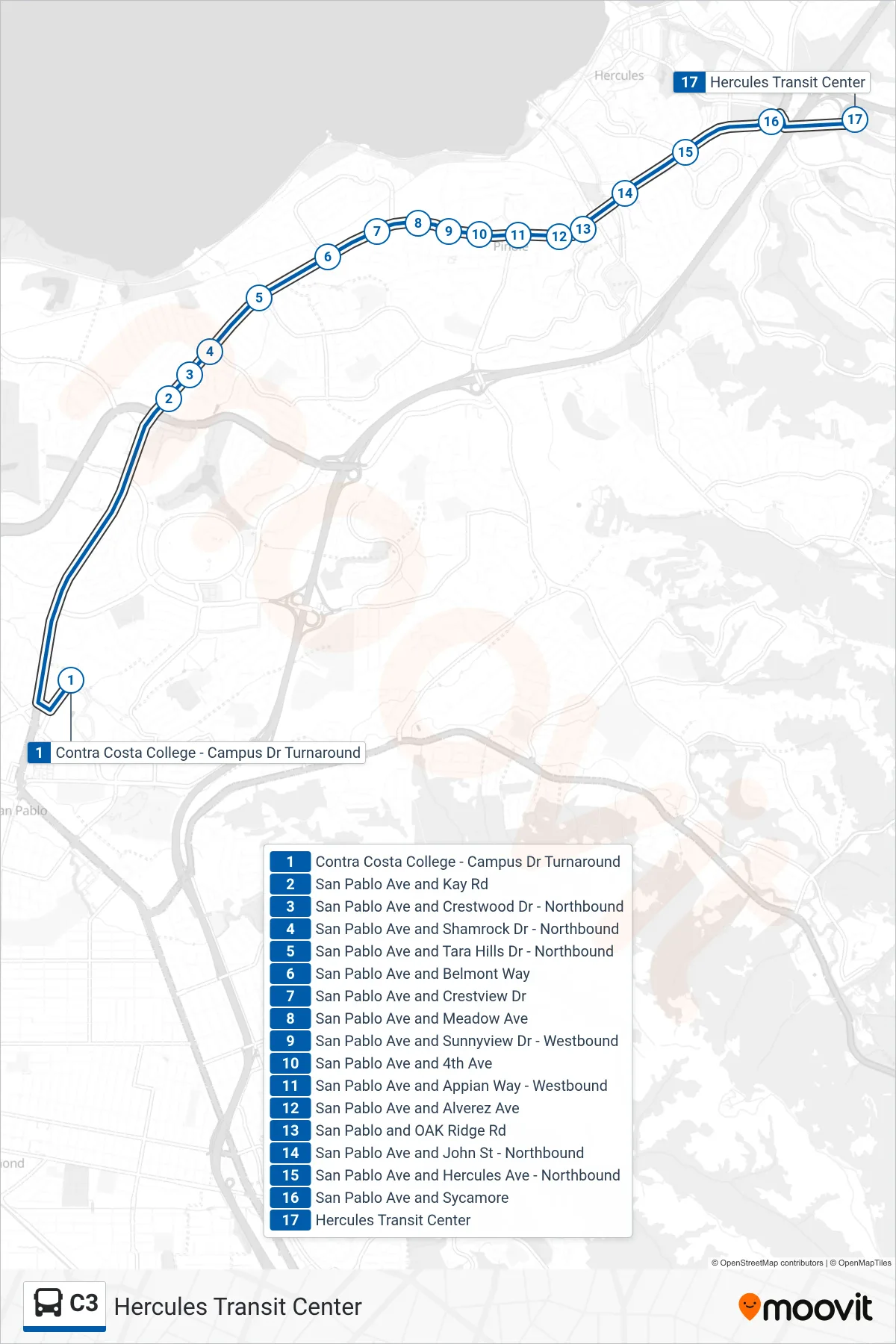 C3 bus Line (Hercules Transit Center) route and stops on a map