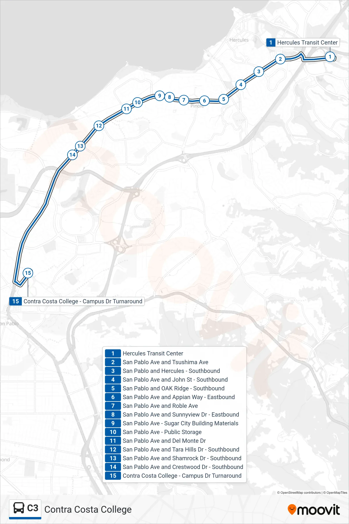 C3 bus Line (Contra Costa College) route and stops on a map