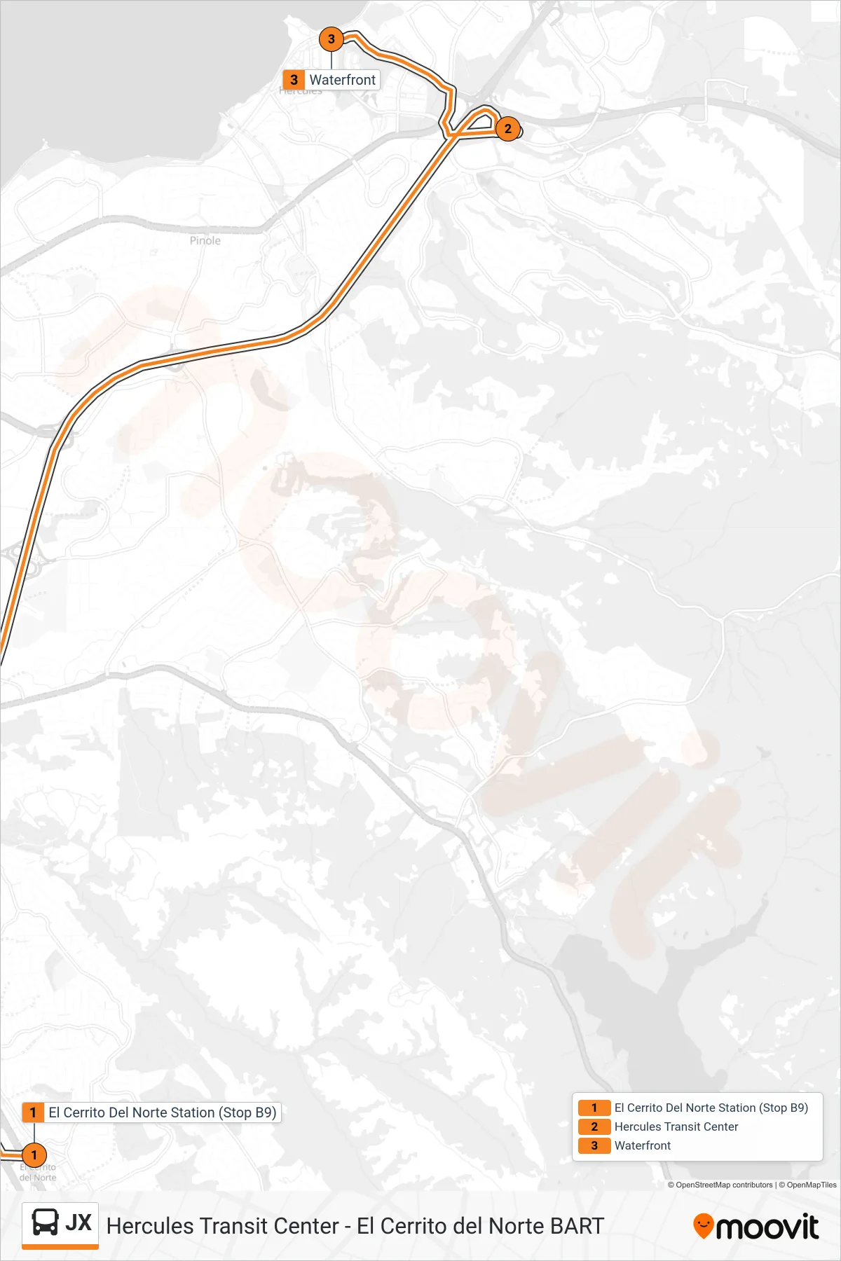 JX bus Line (Hercules Transit Center) route and stops on a map