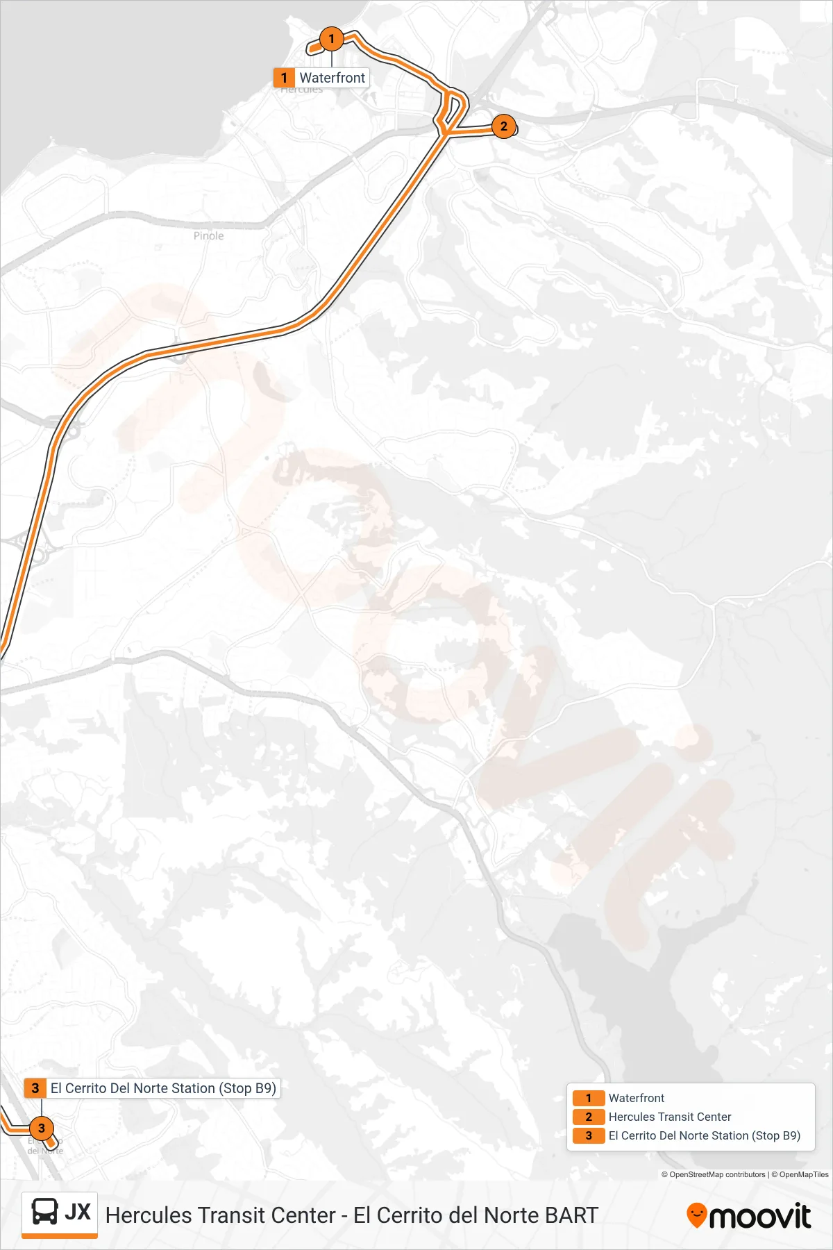 JX bus Line (Del Norte BART Station) route and stops on a map