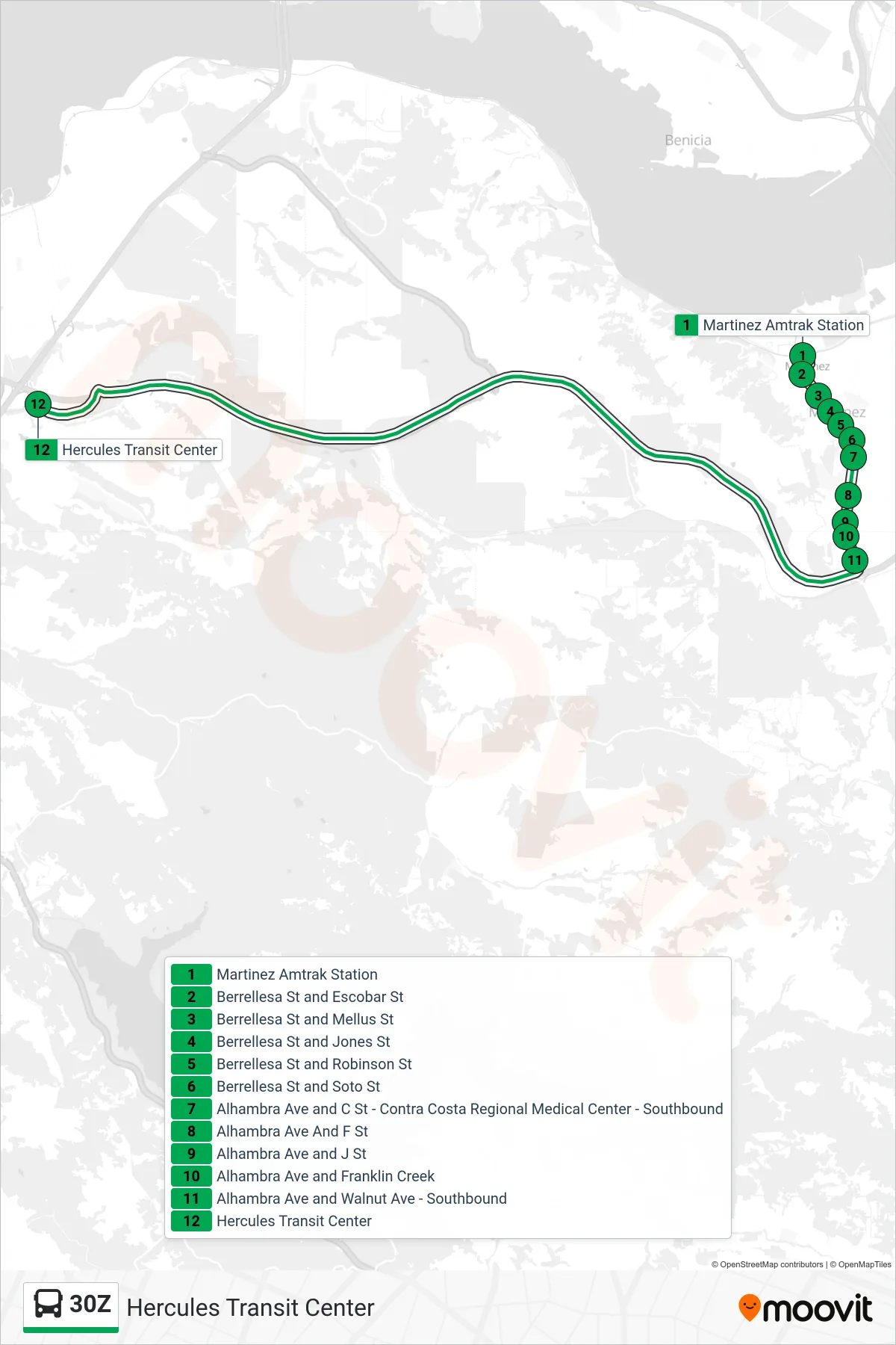 30Z bus Line (Hercules Transit Center) route and stops on a map