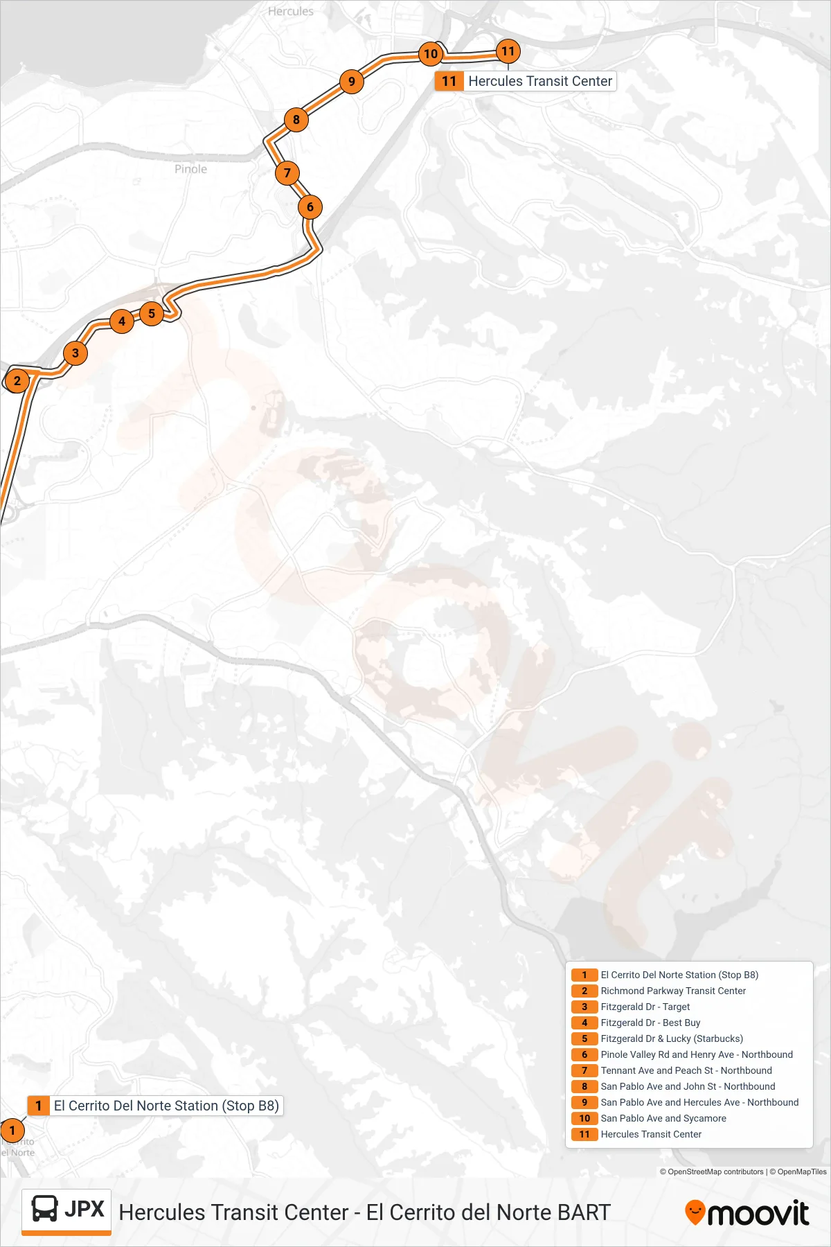 JPX bus Line (Hercules Transit Center) route and stops on a map
