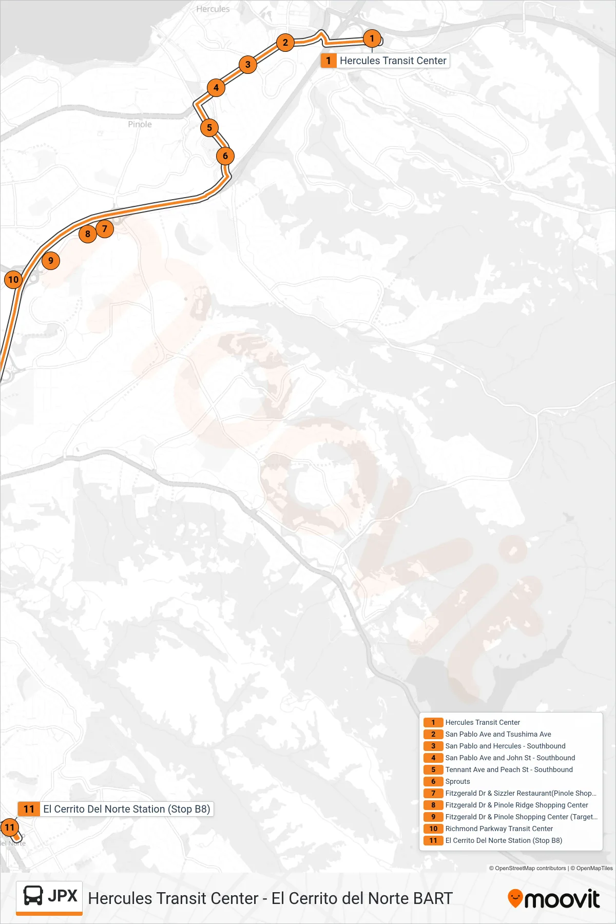 JPX bus Line (Del Norte BART Station) route and stops on a map