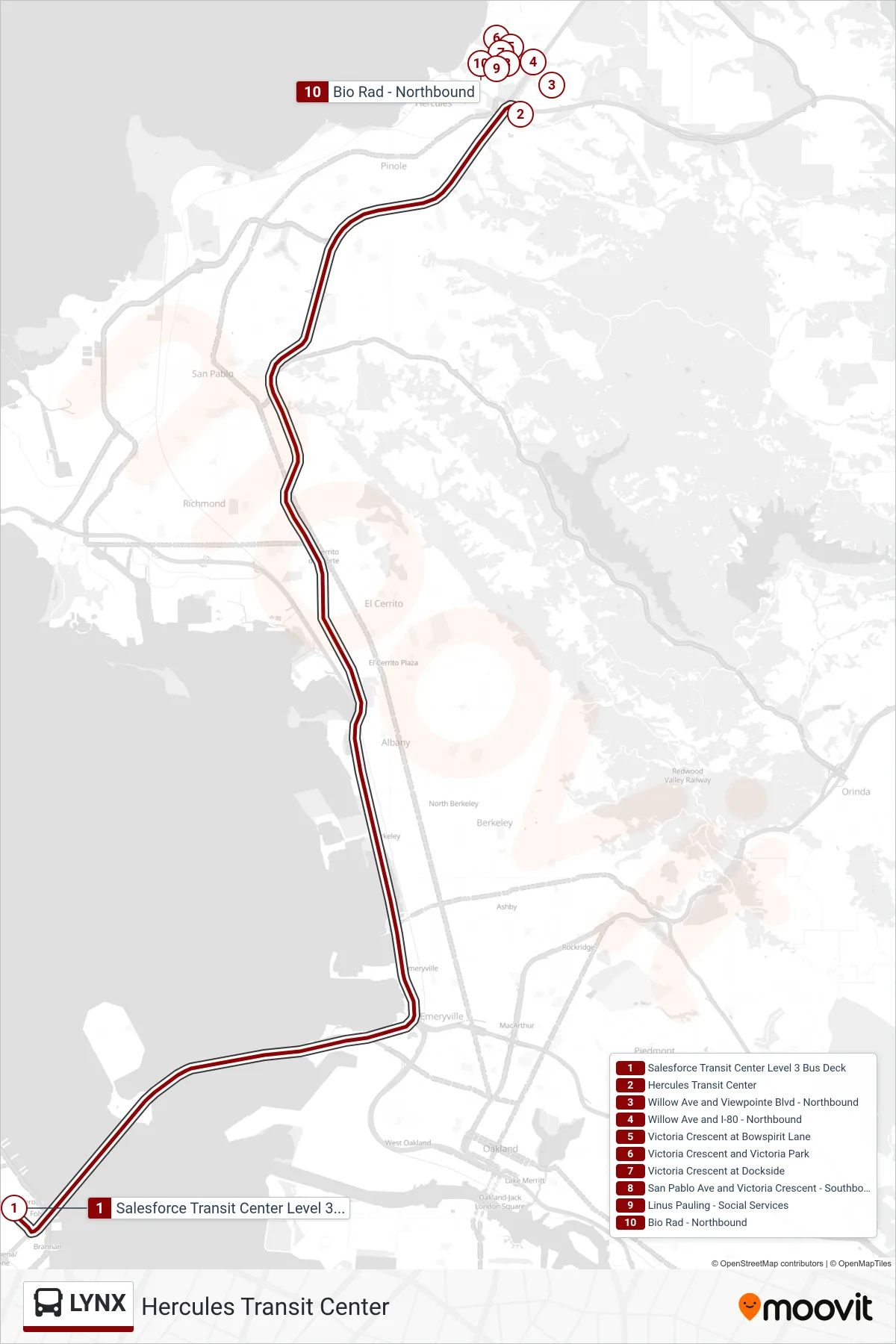LYNX bus Line (Hercules Transit Center) route and stops on a map